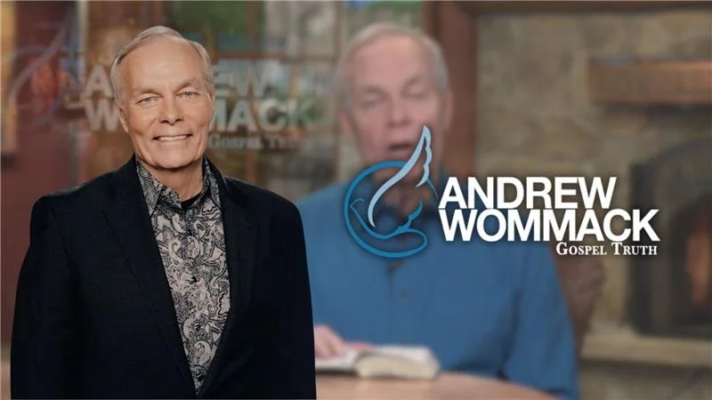 Portrait of Andrew Wommack smiling, with a blurred background featuring a bible and the Gospel Truth logo, and the text 'Andrew Wommack Gospel Truth'.
