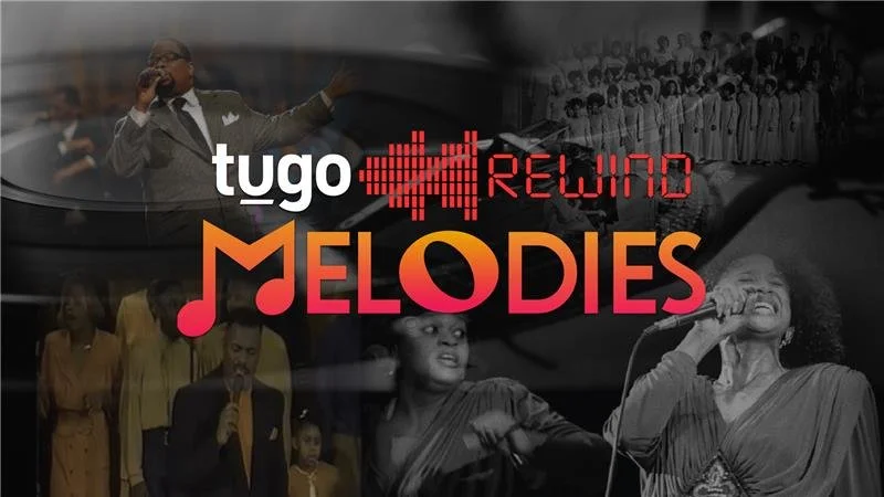 Collage of singers and performers with text 'Tugo Rewind Melodies', featuring images of jazz and gospel singers, and a choir, in black and white and color.