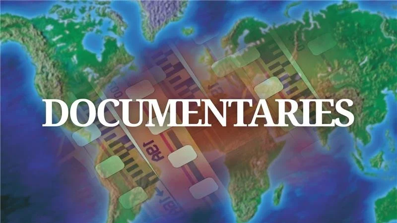 World map background with layered film strips and the word 'Documentaries' in white text