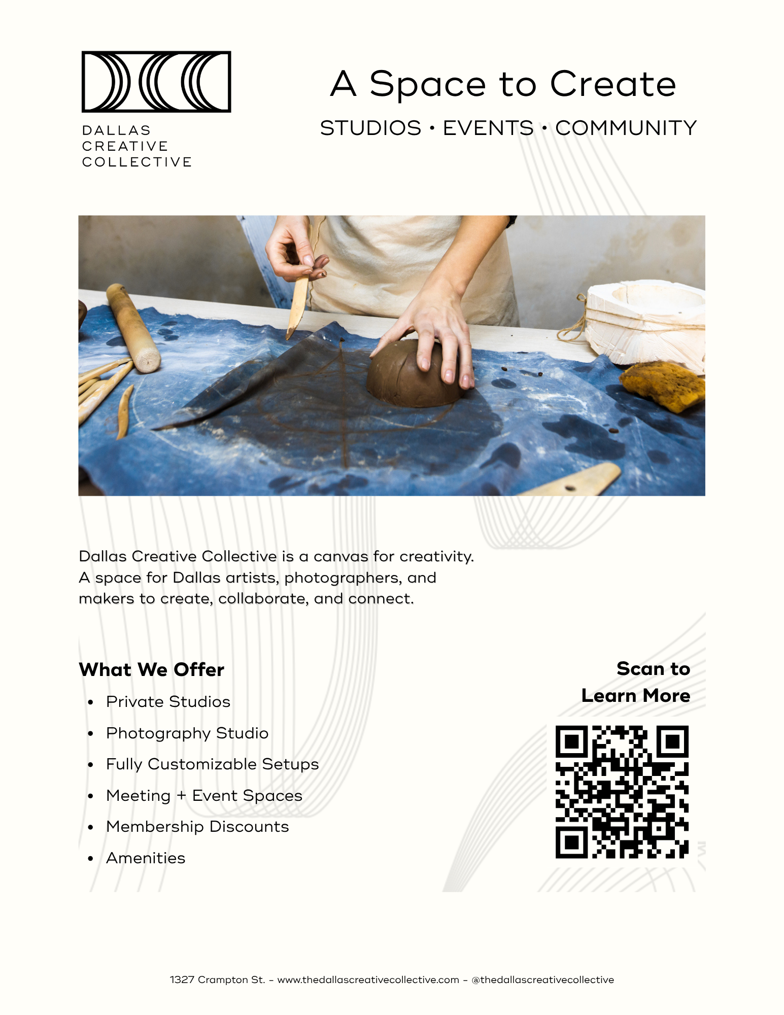 This flyer was created for Dallas Creative Collective, a shared studio and event space for local artists and creators. It was designed to highlight the services offered and invite potential members to learn more via a custom QR code. The layout balan