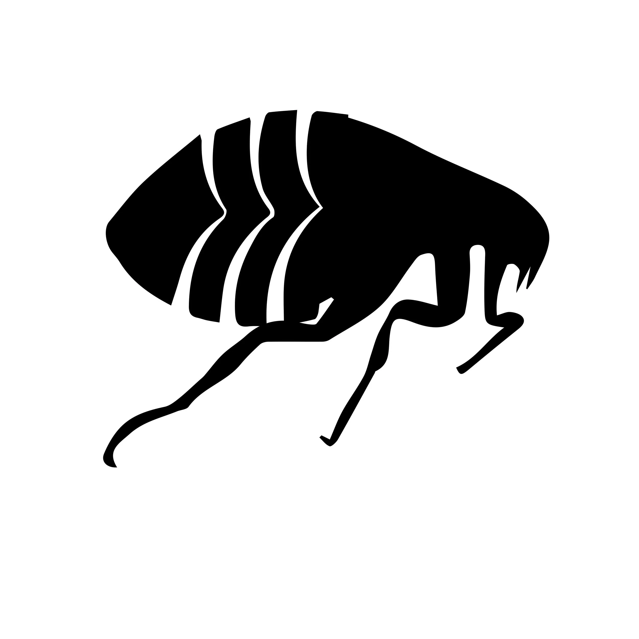 Silhouette of a flea with six legs and an oval body.