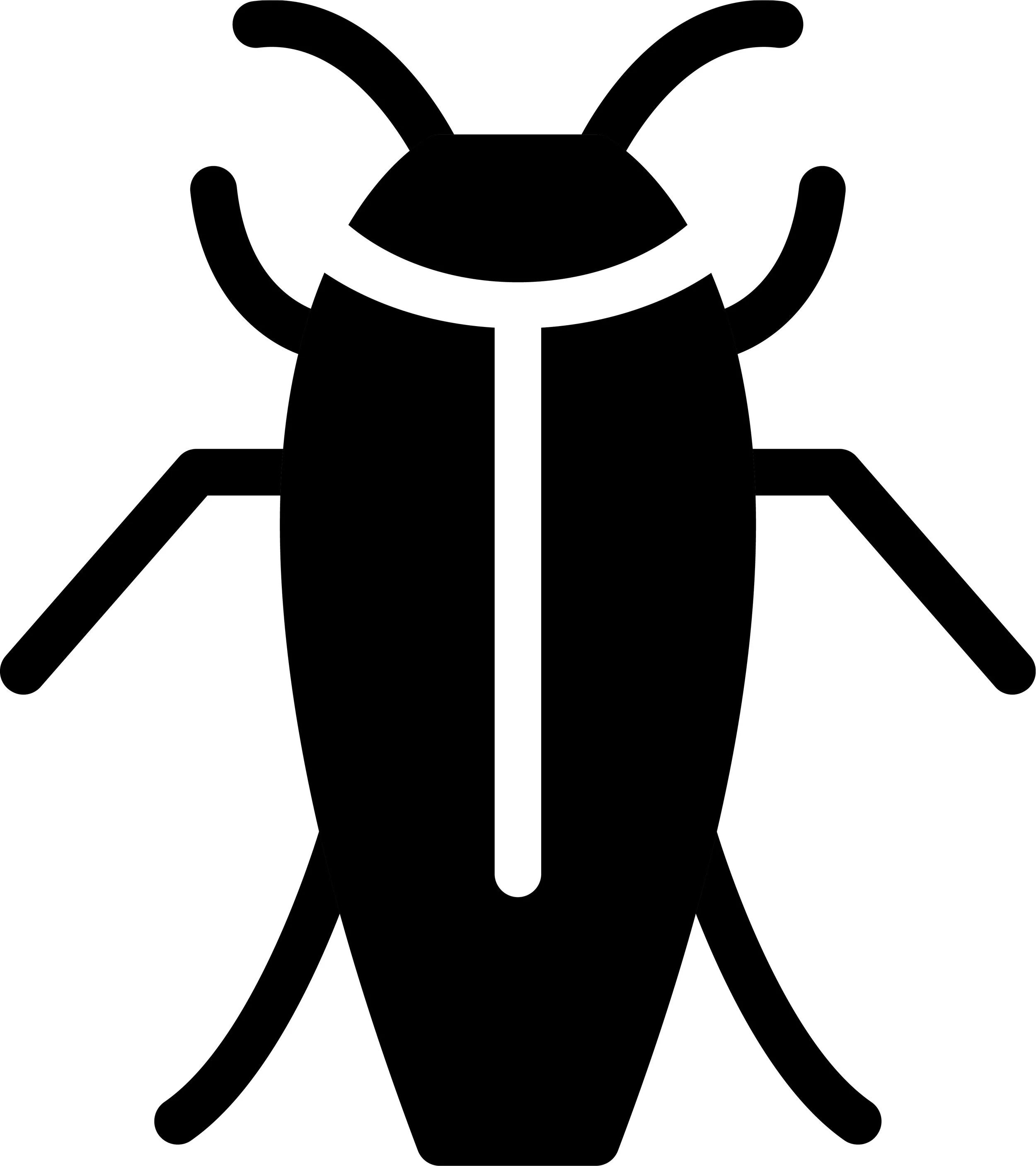 Silhouette of a cockroach with six legs and long antennae.