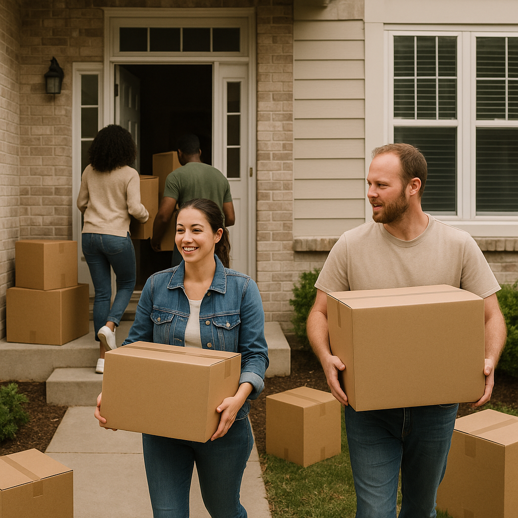Two people, a woman and a man, smiling and carrying boxes onto their house during a move. Two other people are seen carrying boxes into the house in the background.