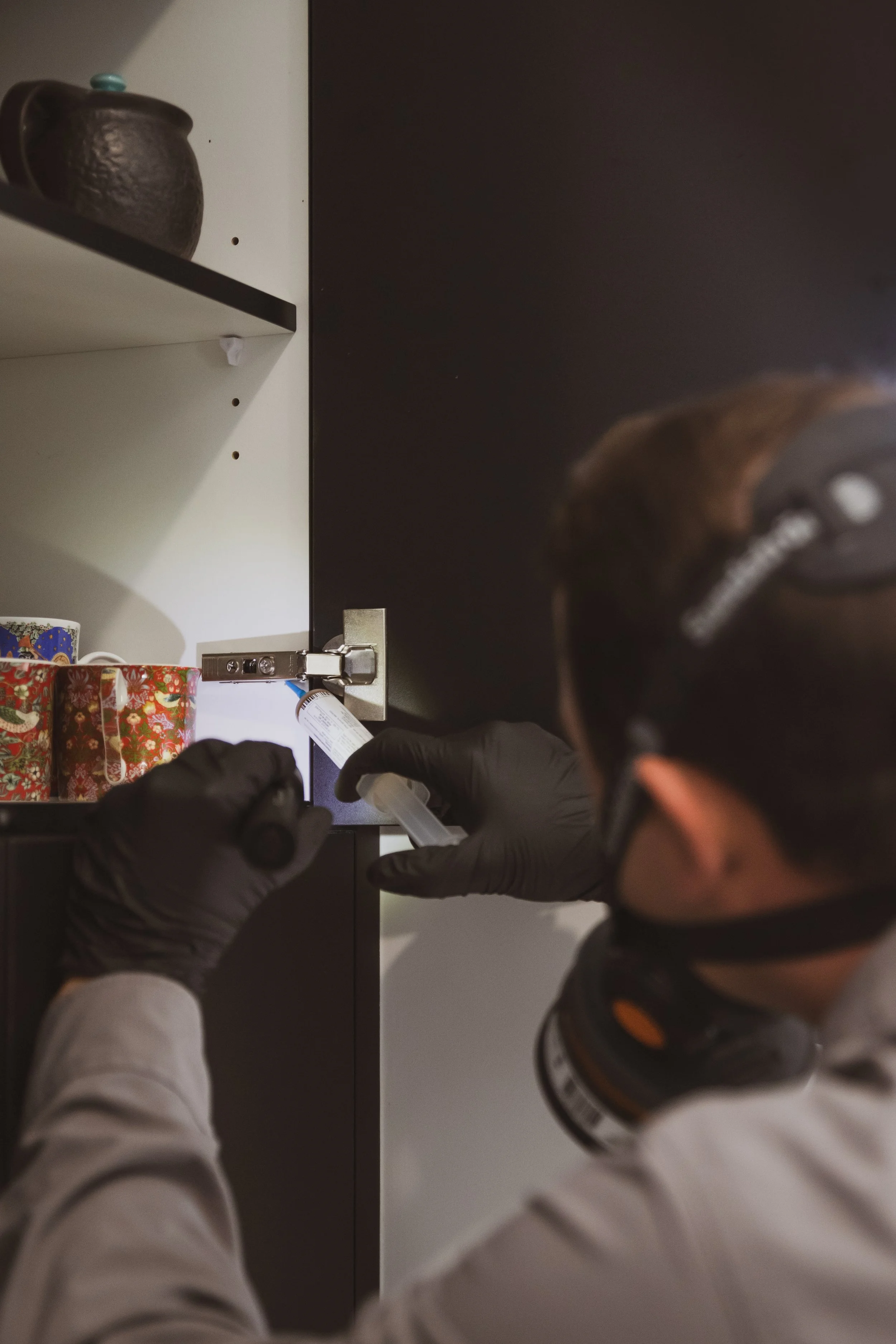 A technician wearing gloves, mask, and goggles applying cockroach bait gel and ant bait gel from a syringe in a kitchen, as part of professional Ipswich pest control treatments.