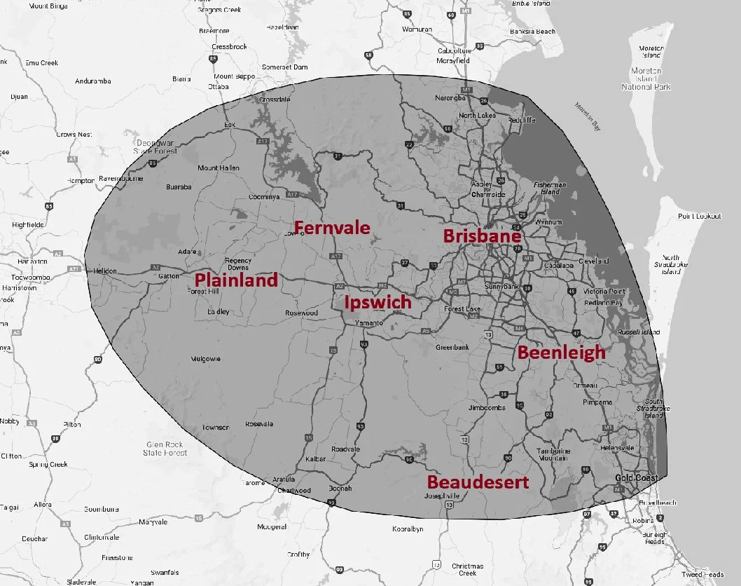 Map of Brisbane area with highlighted regions including Fernvale, Brisbane, Ipswich, Beenleigh, Beaudesert, and Plainland.