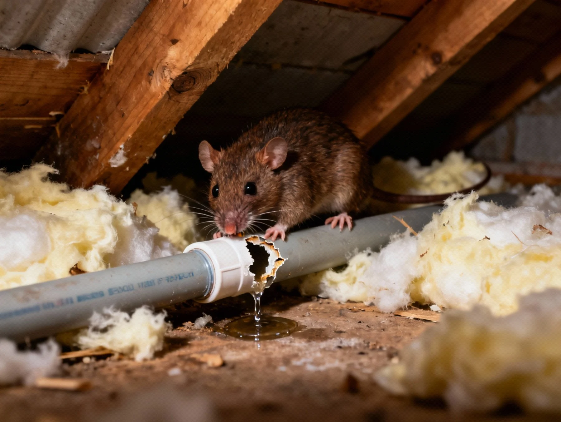 A rat or mouse has chewed through a water pipe or electrical conduit in a roof void.