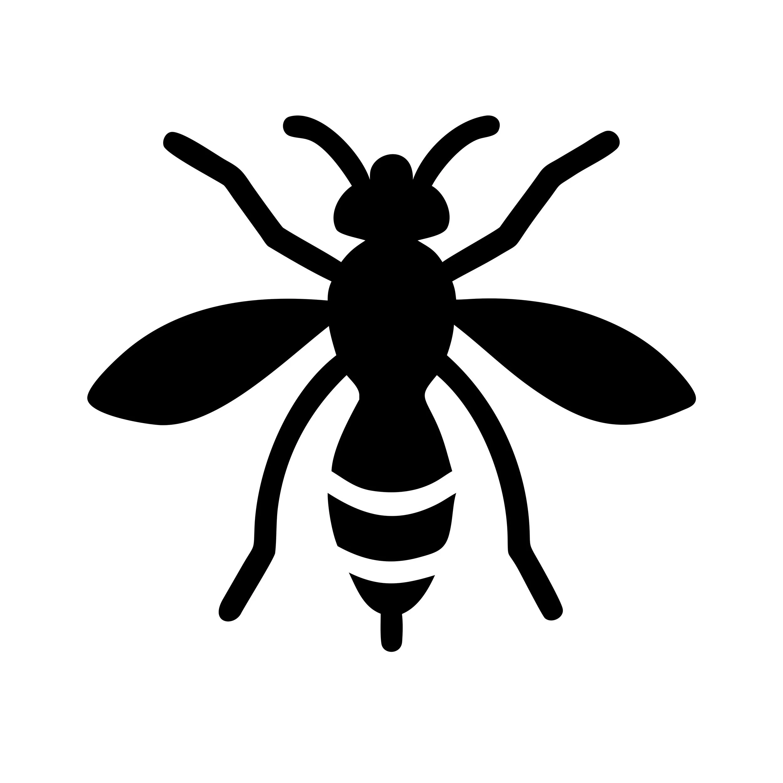 Silhouette of a wasp with wings and narrow waist.