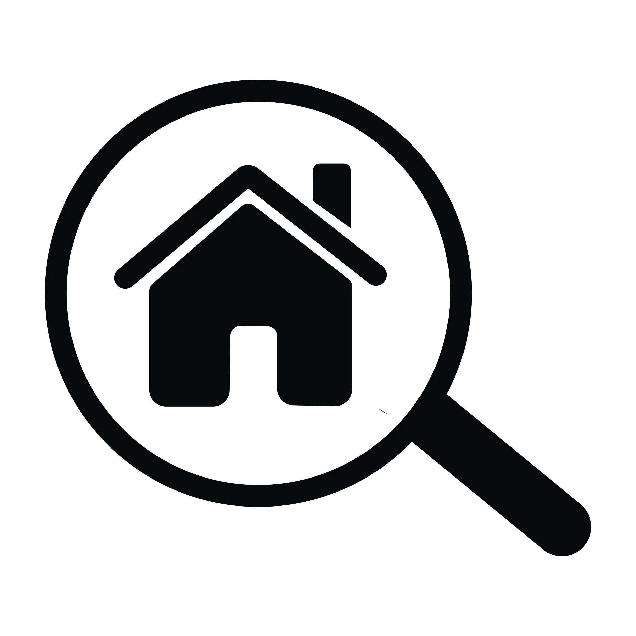 Magnifying glass icon with a house inside, representing a termite inspection.