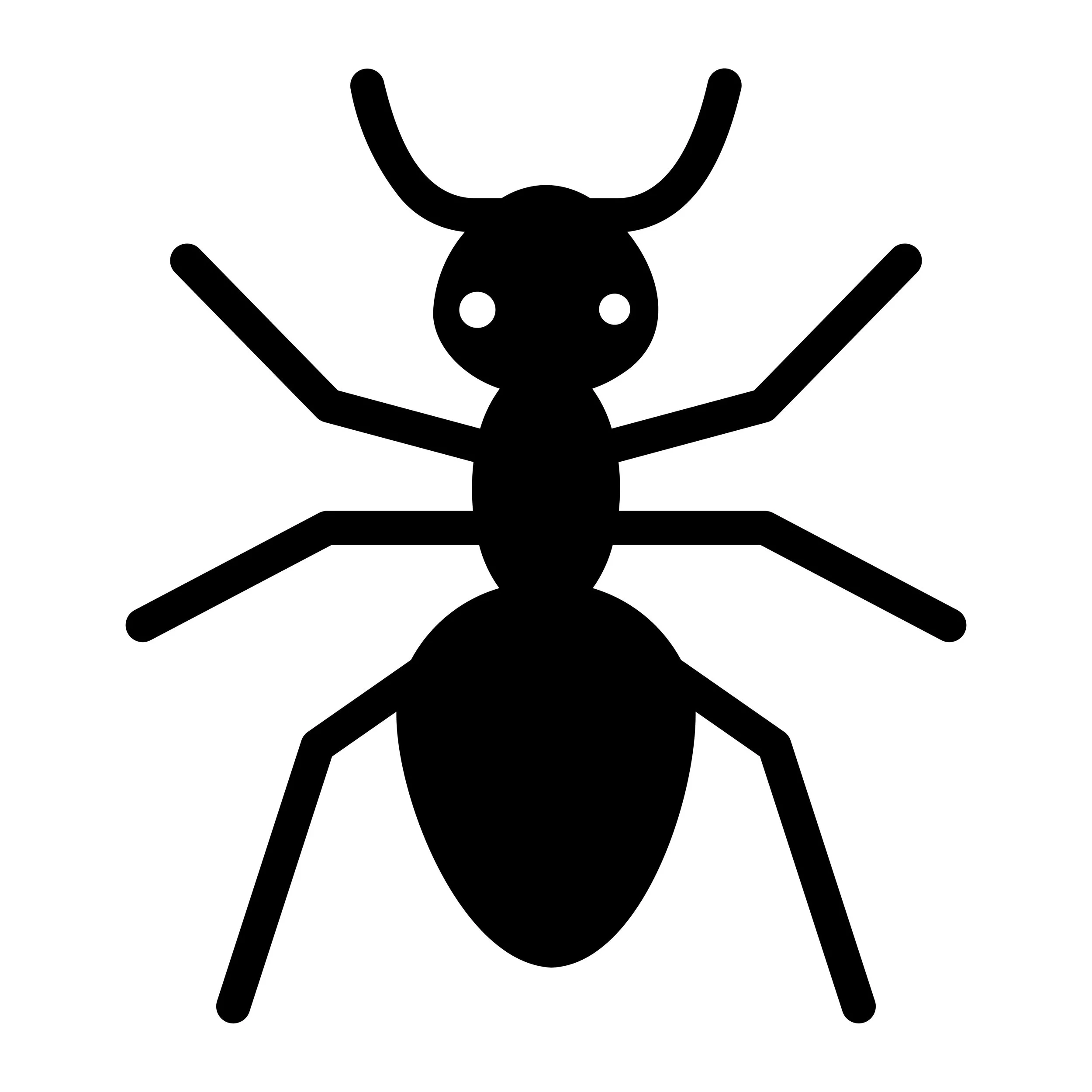 Silhouette of an ant with a segmented body, six legs, and antennae.