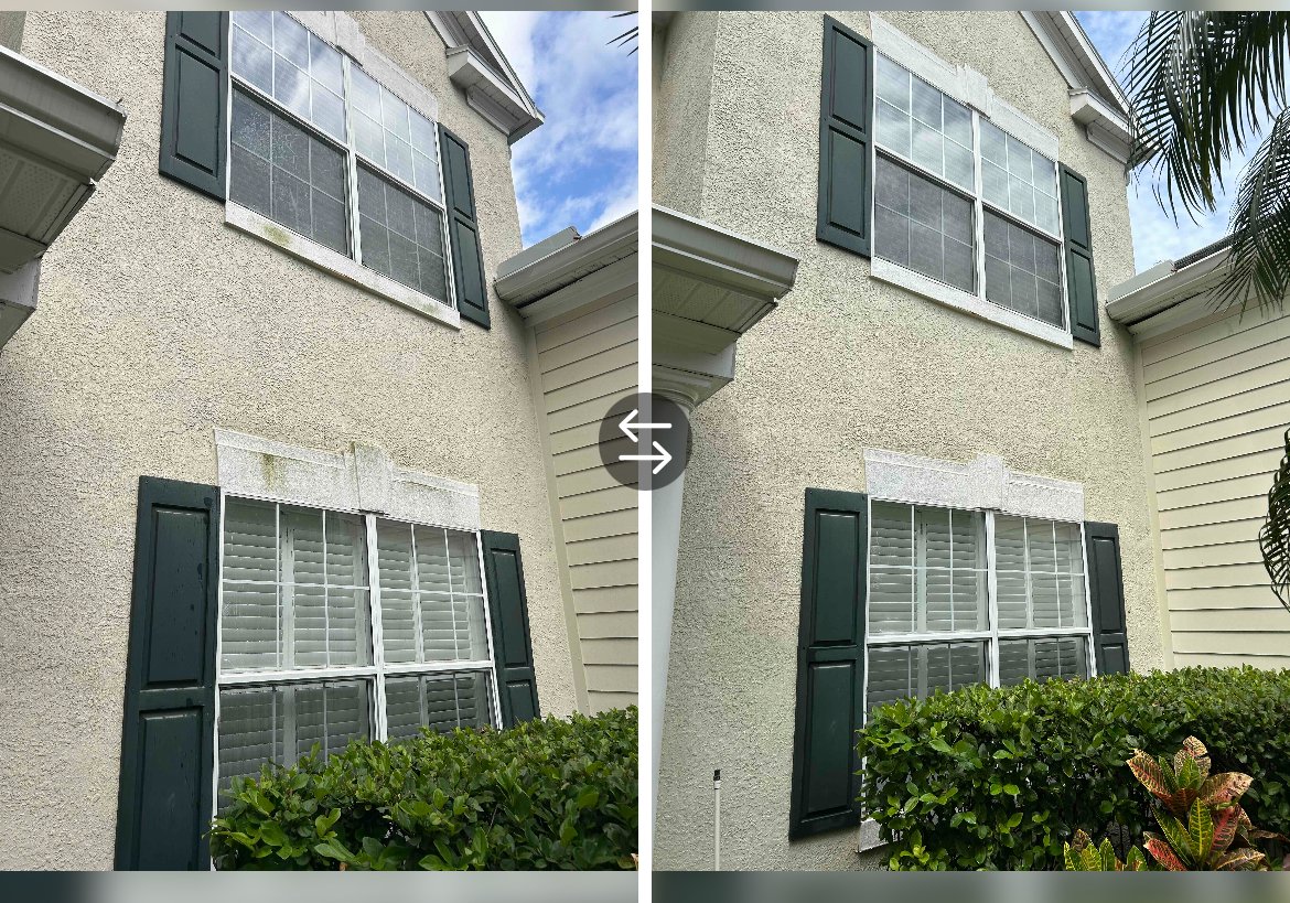 Comparison of a home's exterior showing two windows with dark green shutters, beige stucco walls, a small shrub in front, and a partly cloudy sky.