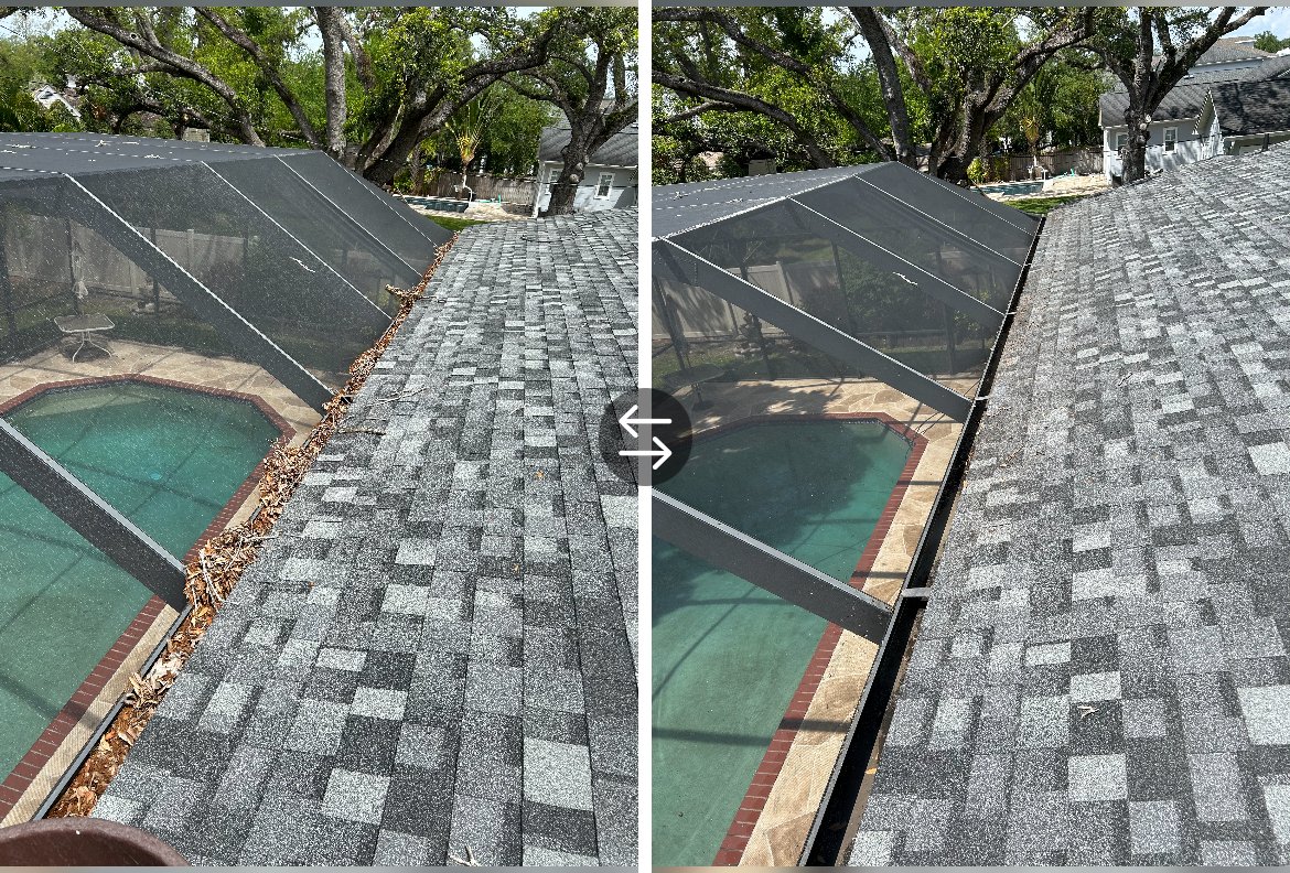 Split view of a house roof with gray shingles and a screened-in pool area below, surrounded by trees and neighboring houses.