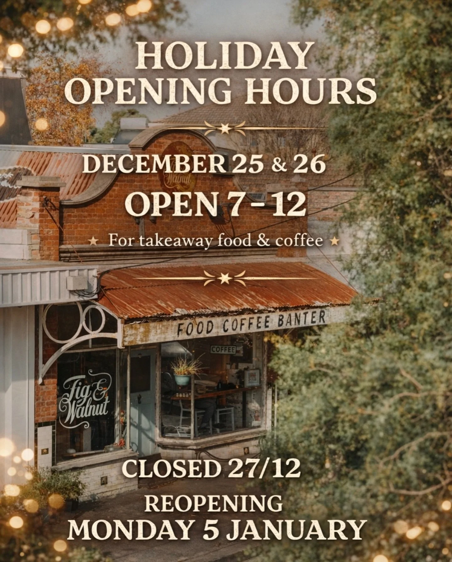 A reminder of our holiday trading hours 🎄 

If you need an extra caffeine boost to get you through Christmas morning, we will be open from 7am 🤗

.
.
.
.
.
.
. 
.
.
#seddon #seddoncafe #seddoncommunity #innerwestmelbourne #melbournecoffee #melbourn