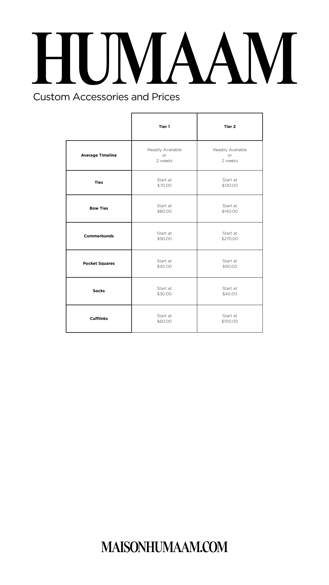 Pricing chart for custom accessories from MAISONHUMAAM.COM, listing different tiers for ties, bow ties, cummerbunds, pocket squares, socks, and cufflinks with start prices and availability.
