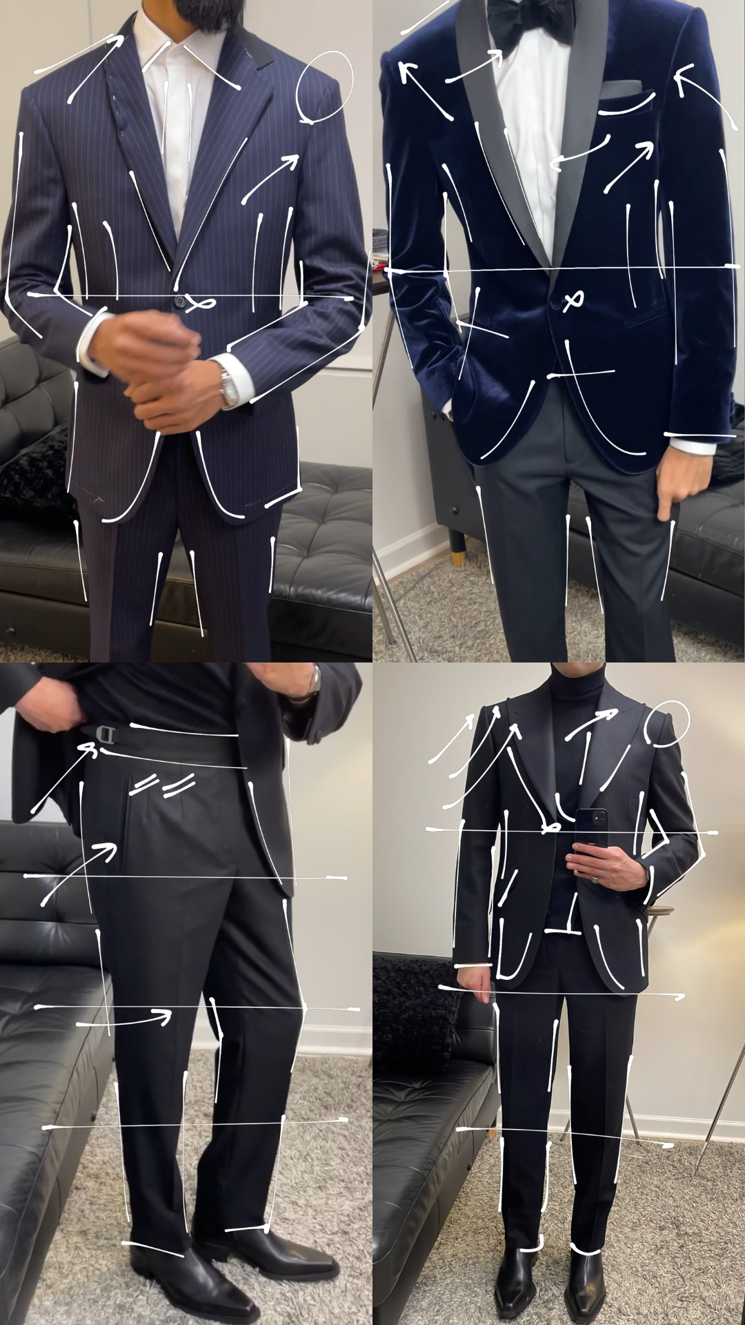 Four men are dressed in formal suits, wiith white annotations marking various parts of the suits including shoulders, lapels, pockets, belts, sleeves, trousers, shoes, and accessories.