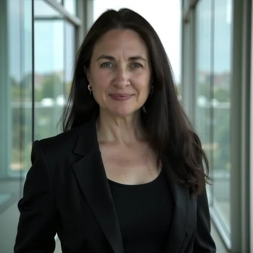 Professional woman with dark brown hair in a black blazer standing in front of a glass window with a view of a landscaped area outside.