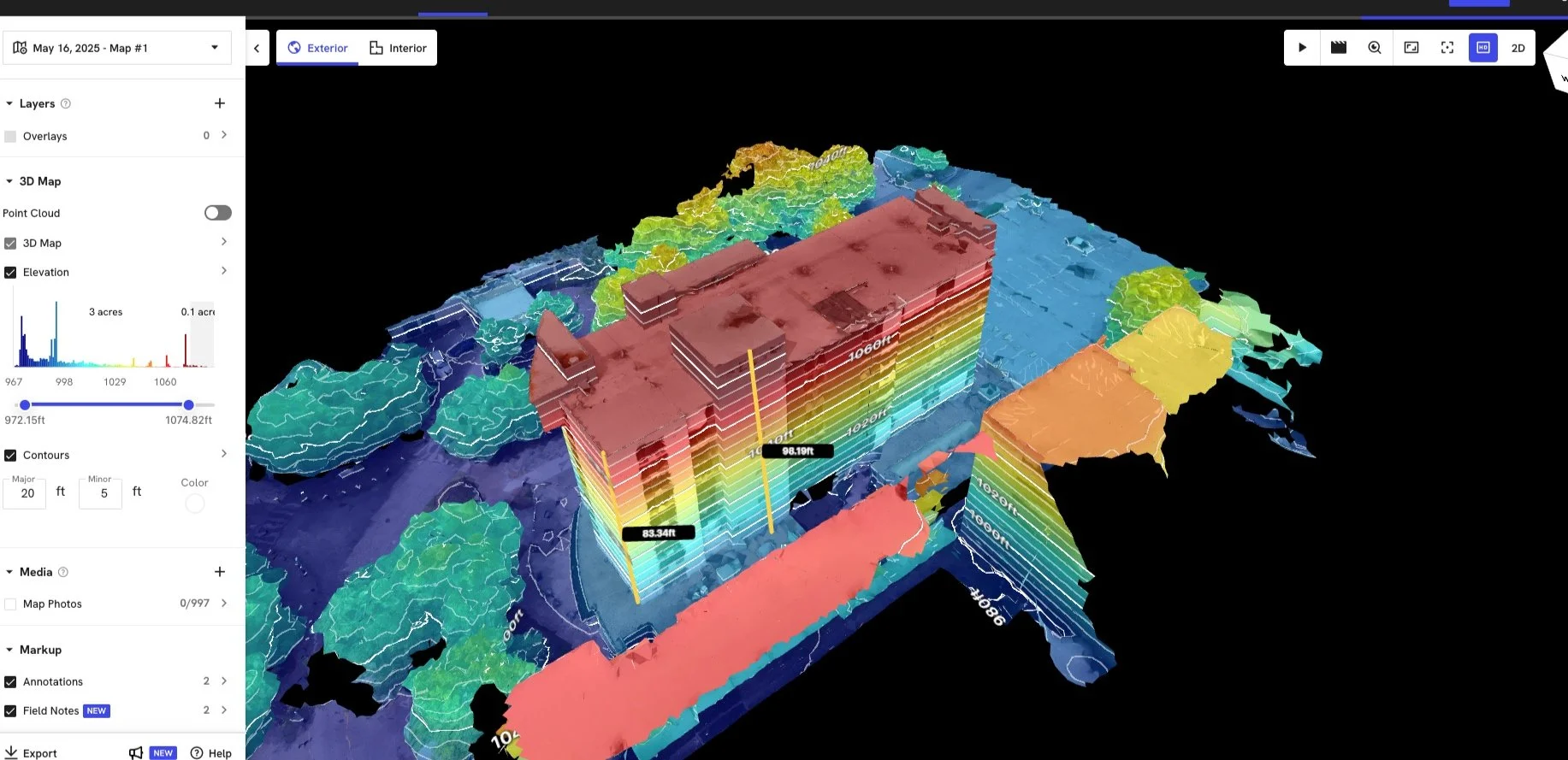 A 3D topographical map of a building and surrounding area, with elevation levels marked, color-coded by height, and contour lines indicating terrain changes.