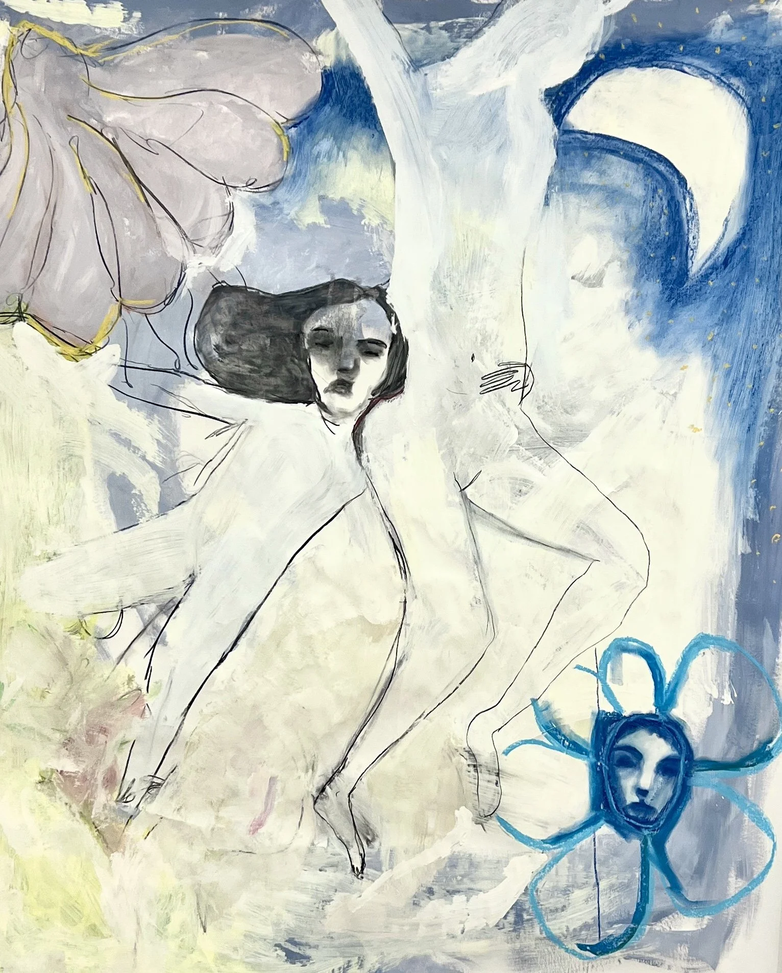 Painting by Pearl Reilly-Murray of a woman with dark hair, partly sketched, lying among colorful elements including a large flower with a face, a blue flower with a face, a crescent moon, and a large leaf, all against a sky with clouds and a moon.