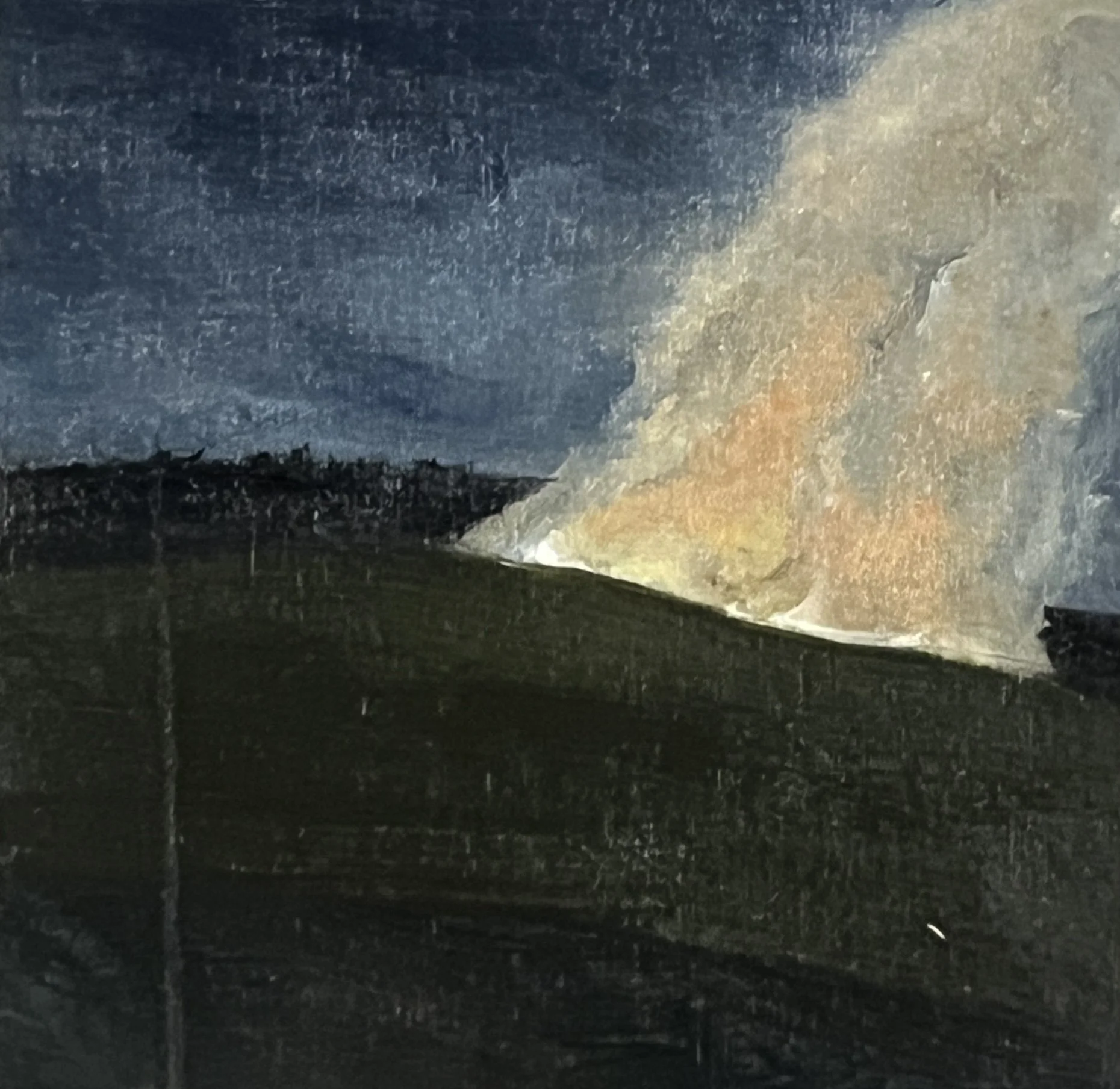 Oil on Wood Painting by Artist Pearl Reilly-Murray picturing a late night car ride and a fire out the window with smoke and ash rising into a dark sky, viewed from a distance over a green landscape.