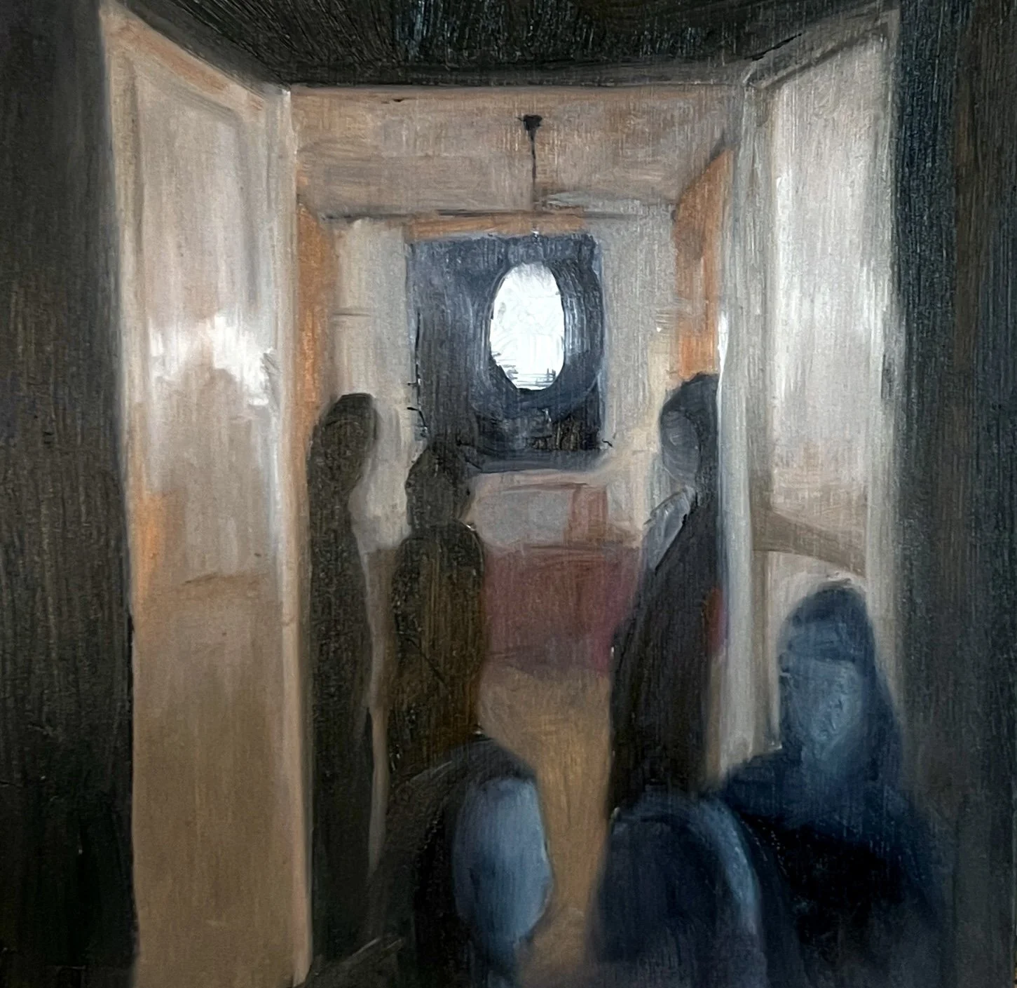 Painting by Pearl Reilly-Murray of four people looking into a room with a mirror or window on the far wall, with a subdued color palette and impressionistic style.