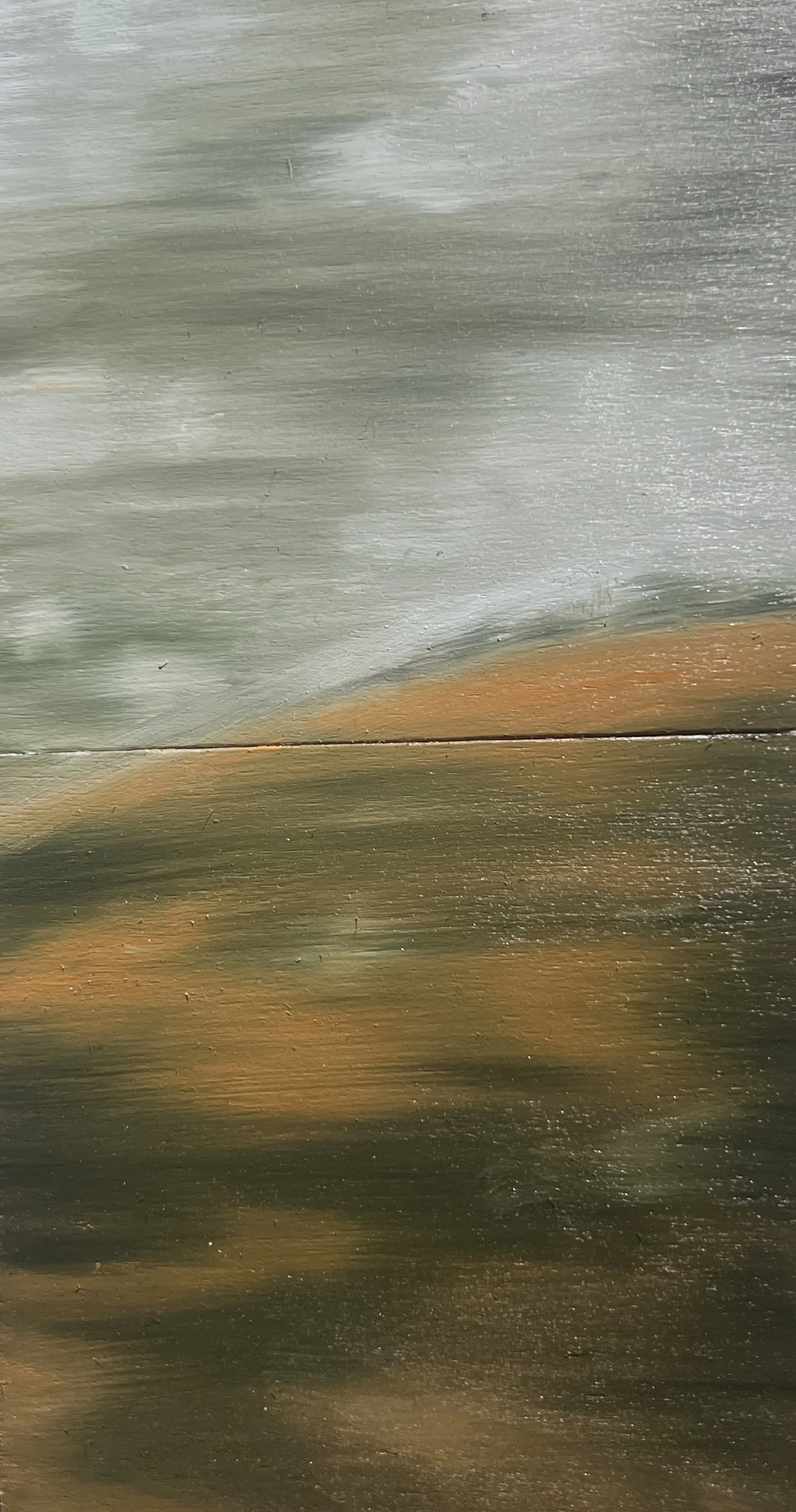 Oil on Wood Painting by Artist Pearl Reilly-Murray showing natural wood grain and a mix of green, orange, and brown colors. Diptychs painting of car ride window.


