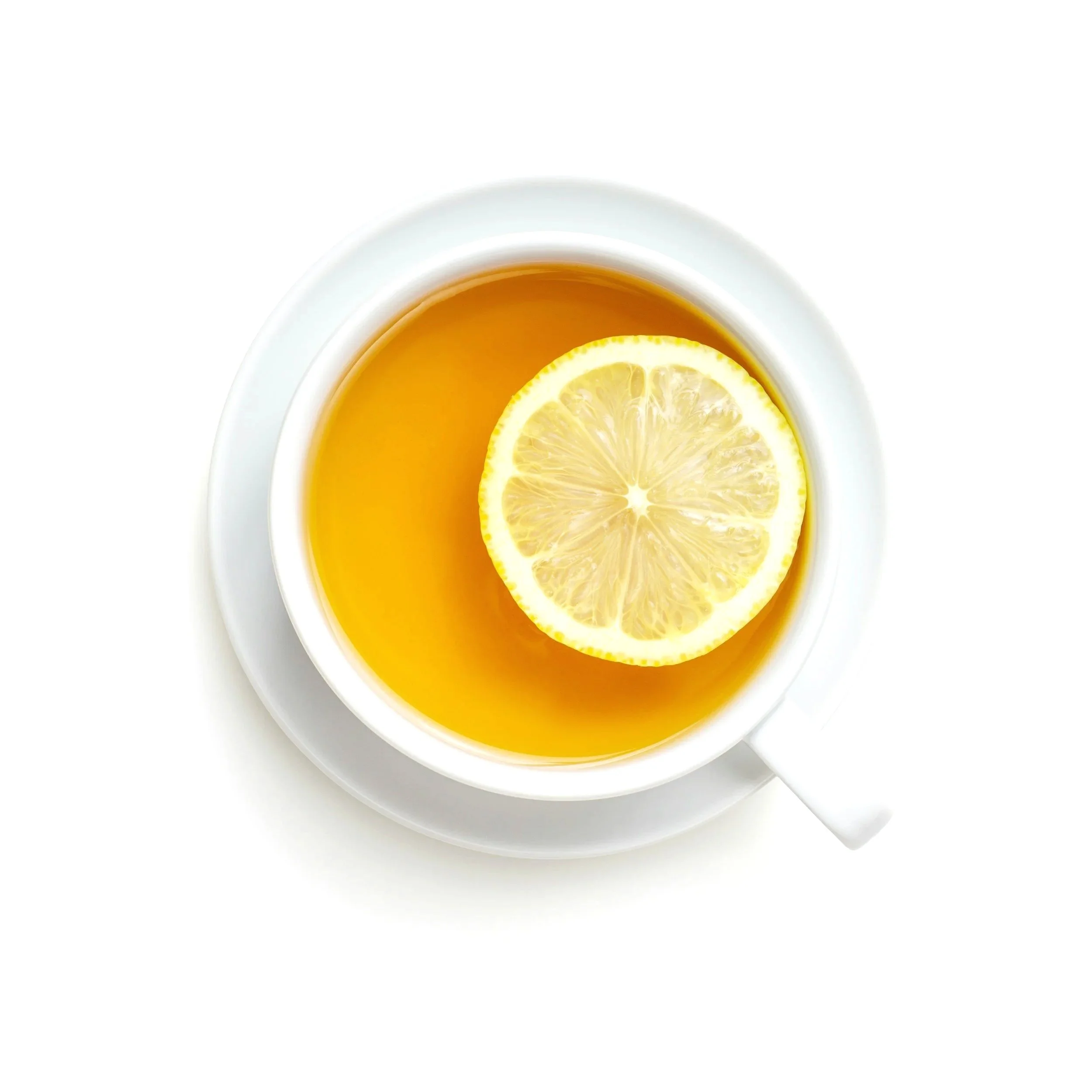 A top-down view of a white cup with tea and a lemon slice inside, placed on a matching white saucer on a white background.