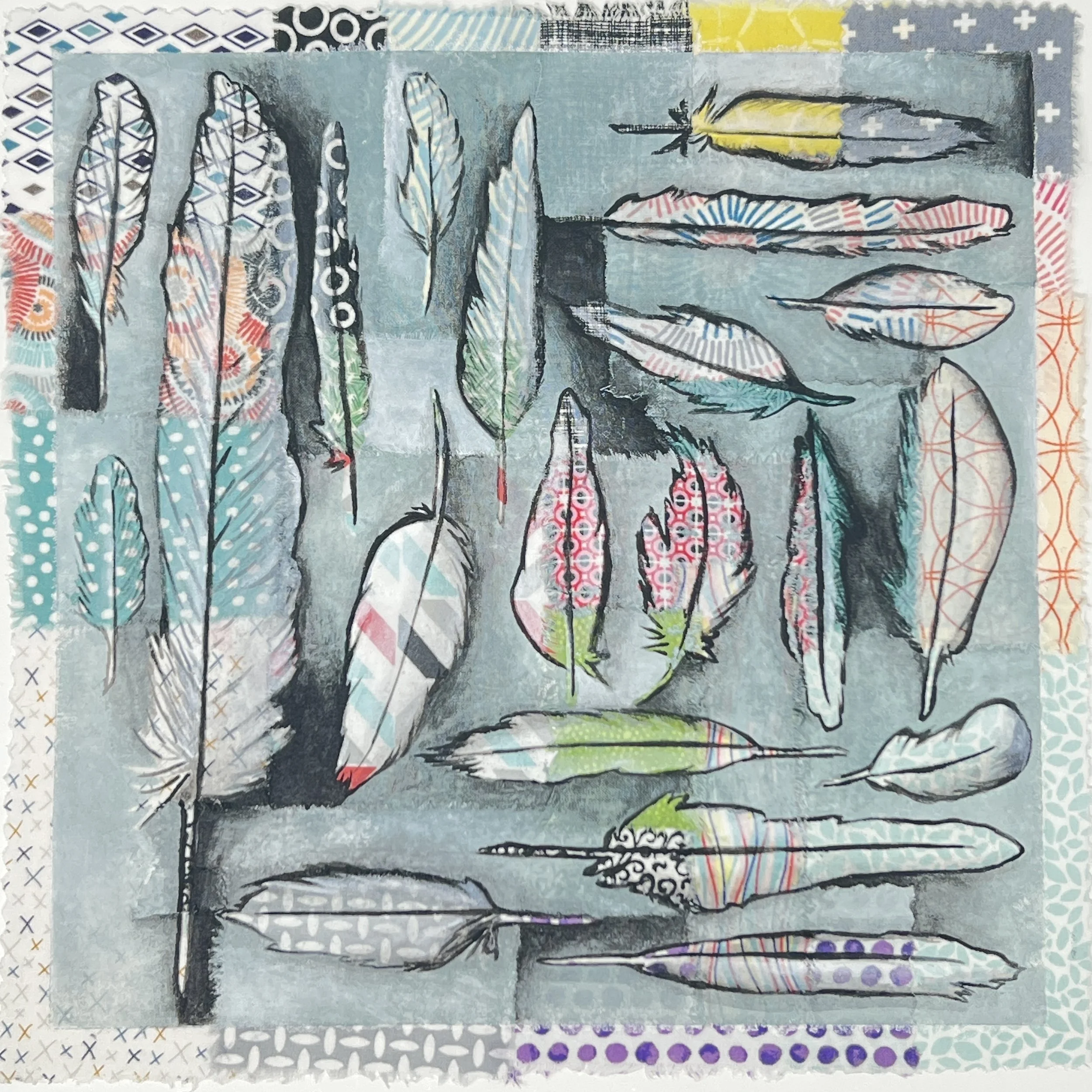 Collection of Feathers- acrylic on fabric  available                                                  $350 framed