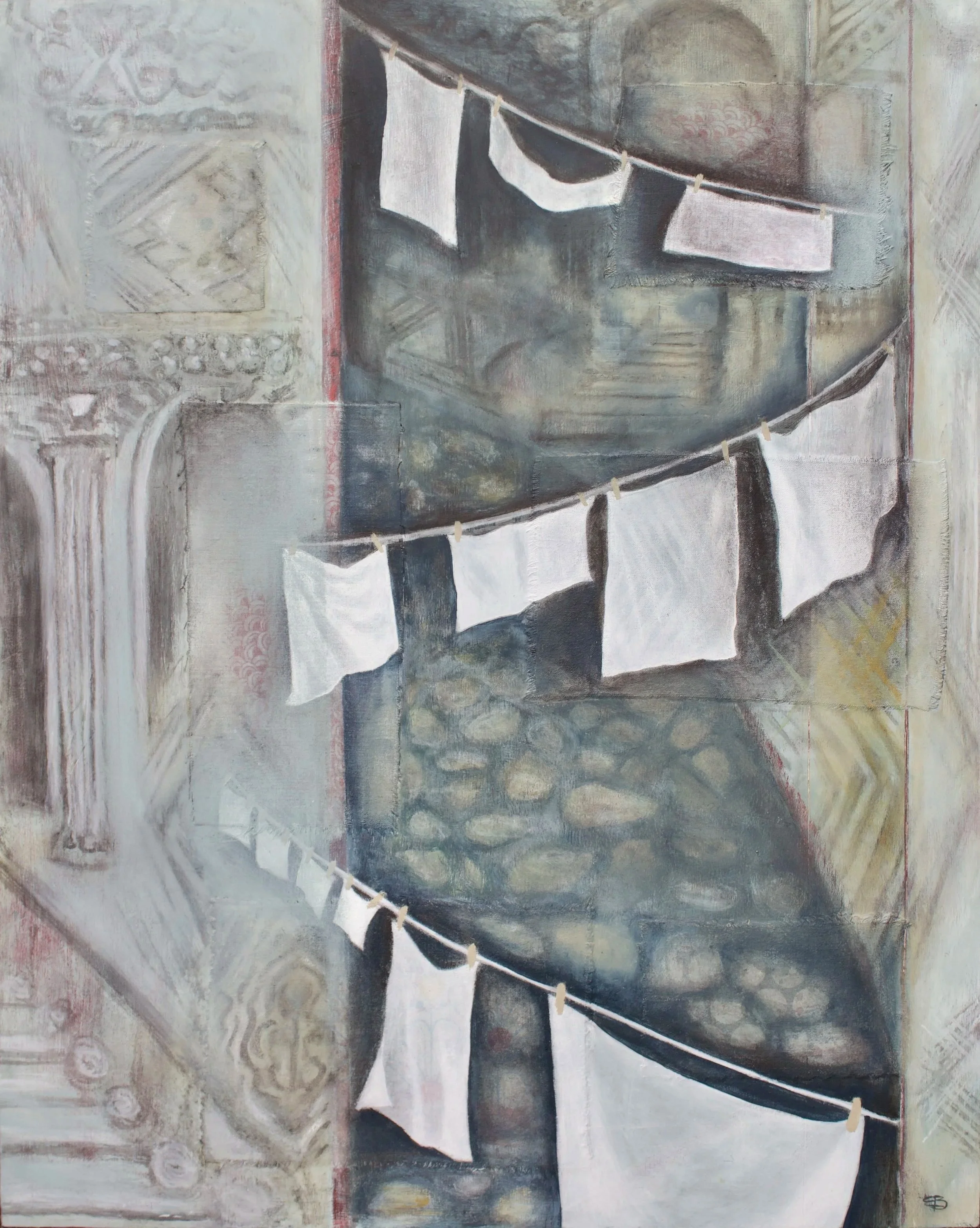 Timeless -oil, cold wax and fabric on cradled wood panel 
16" x 20"                       available       