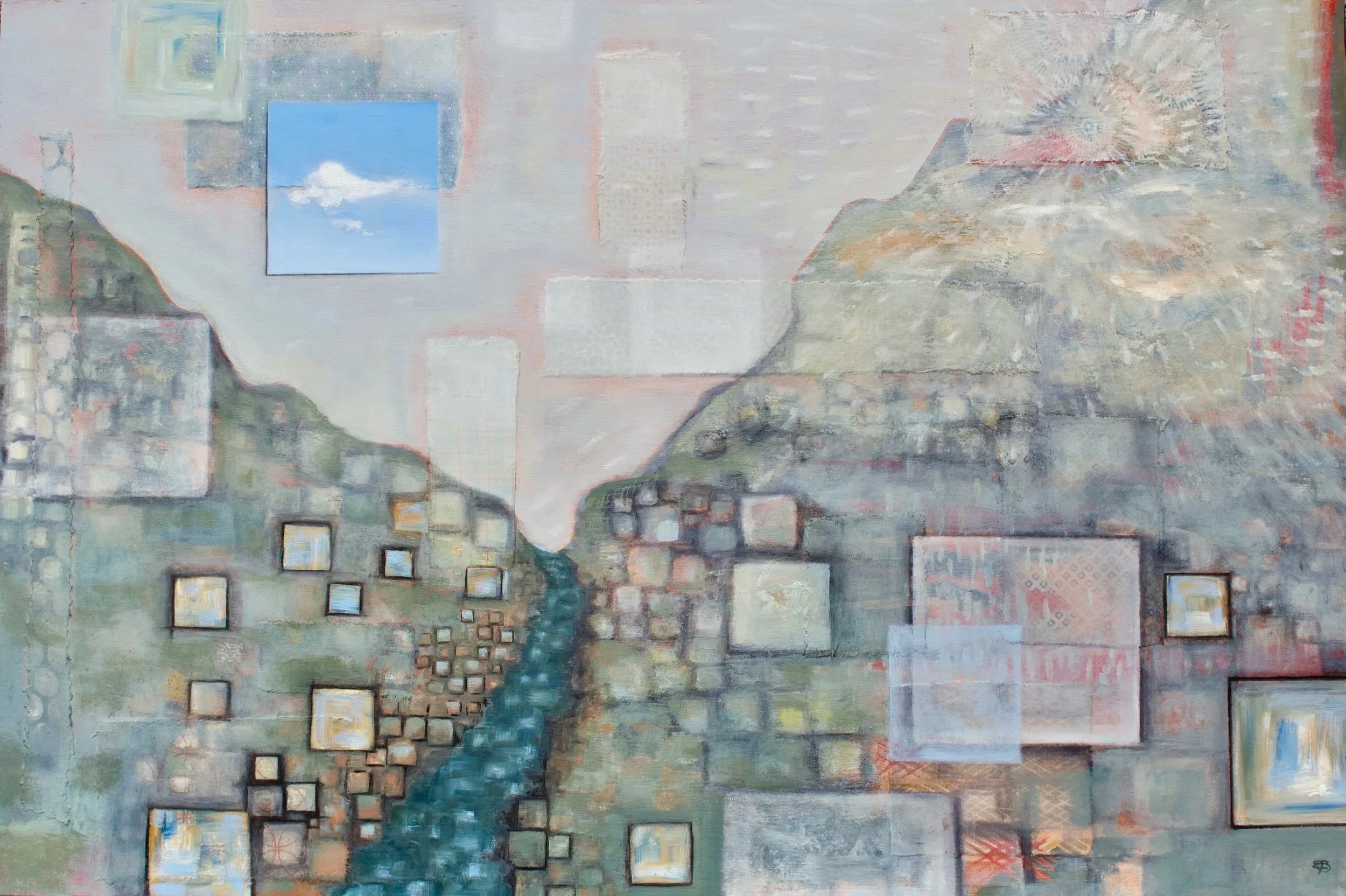 Come to Light -oil and fabric on cradled wood panel 
30" x 20"                       available       