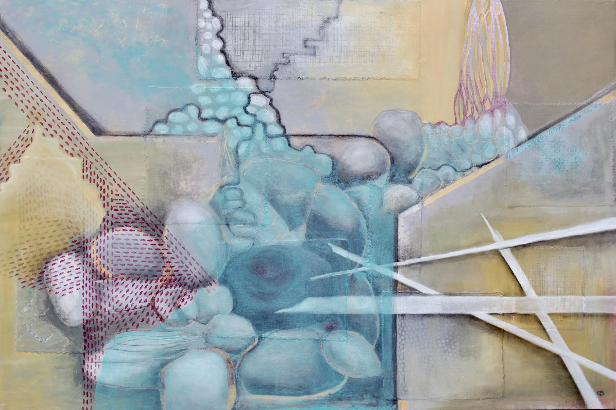 Flow -oil, cold wax and fabric on cradled wood panel 
30" x 20"                       available   
