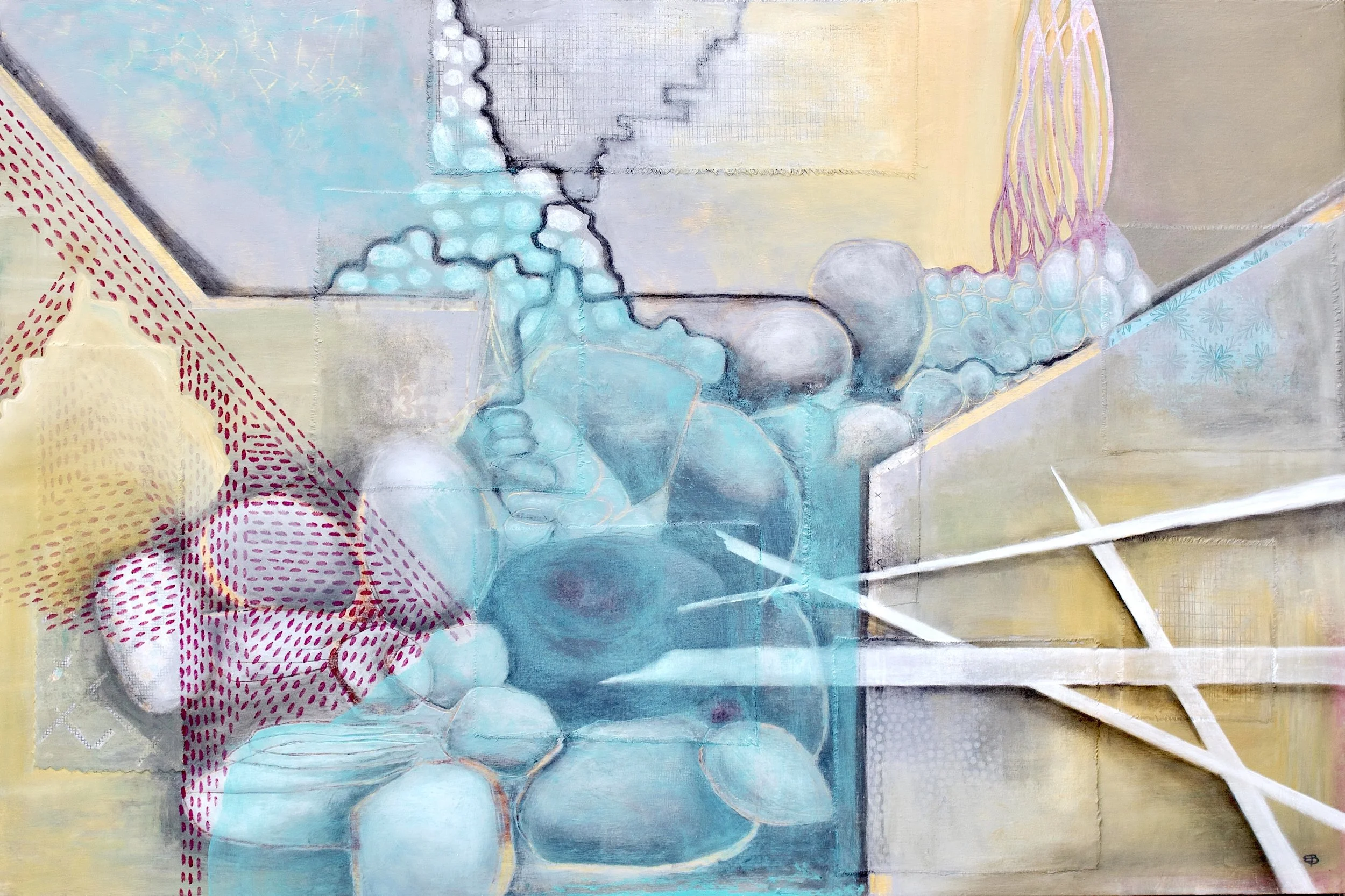 Flow -oil, cold wax and fabric on cradled wood panel 
30" x 20"                       available   