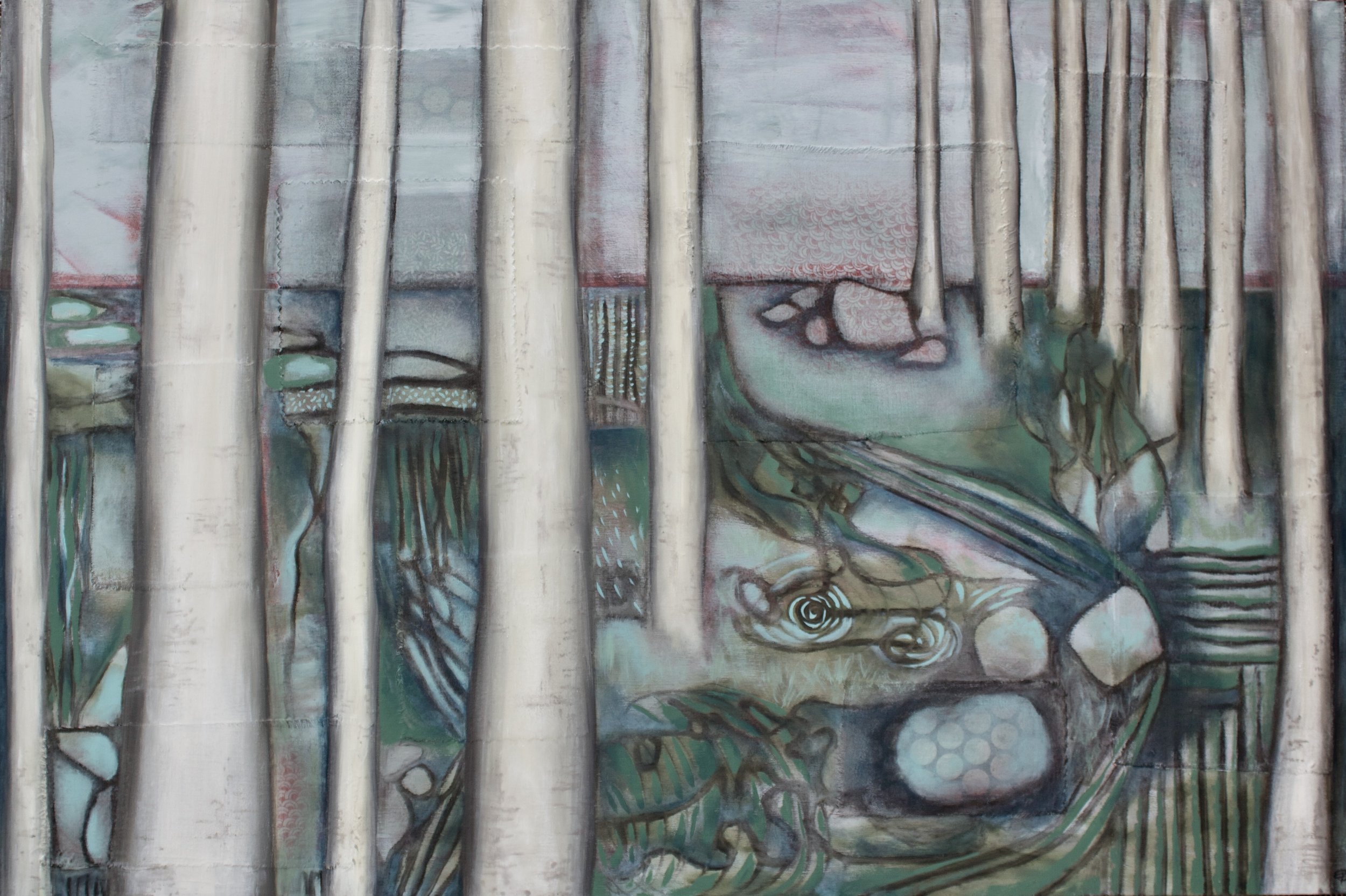 Stand Amongst -oil, cold wax and fabric on cradled wood panel 
30" x 20"                       available       