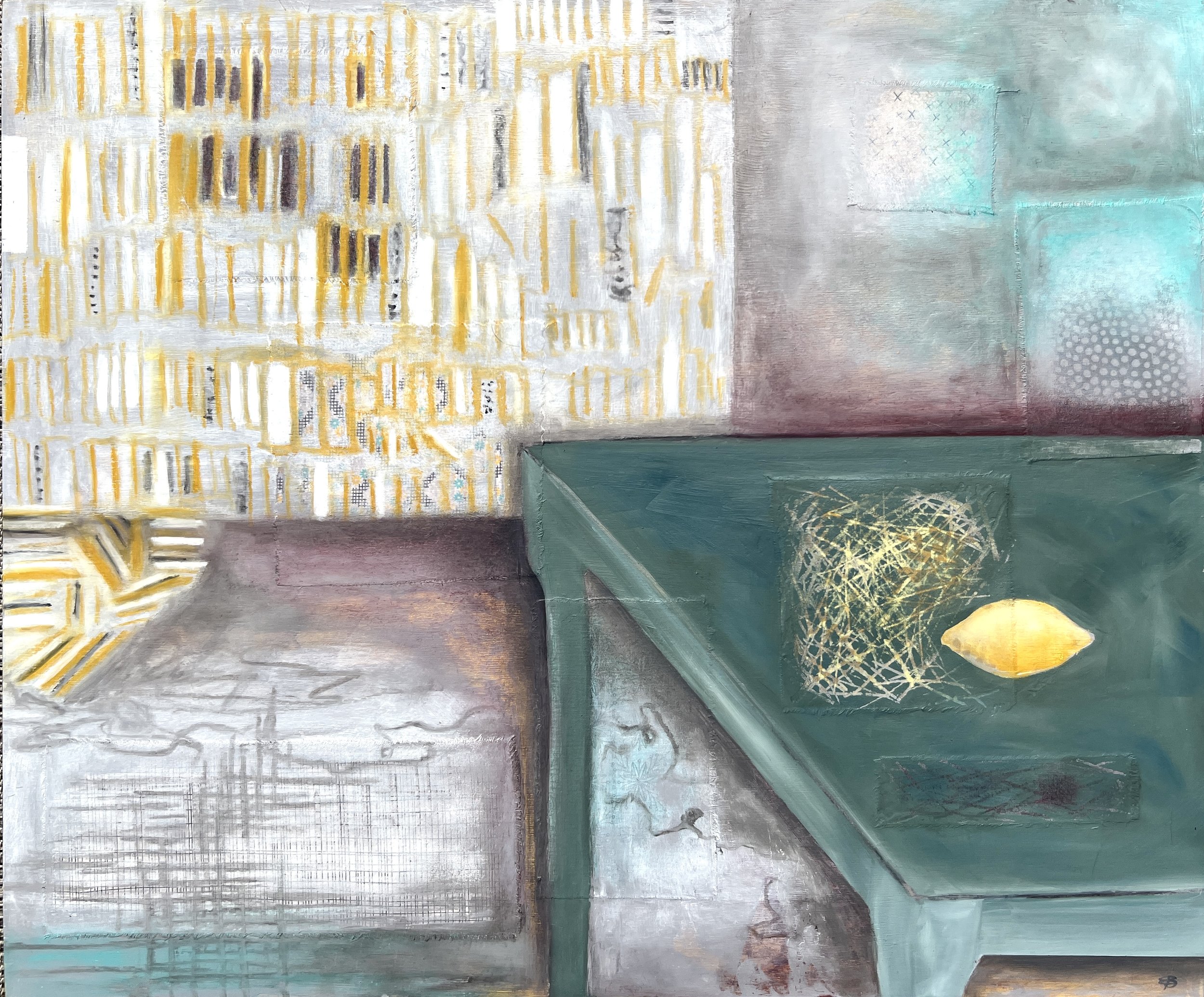 Lemon Library -oil, cold wax and fabric on cradled wood panel 
24" x 20"                       available       