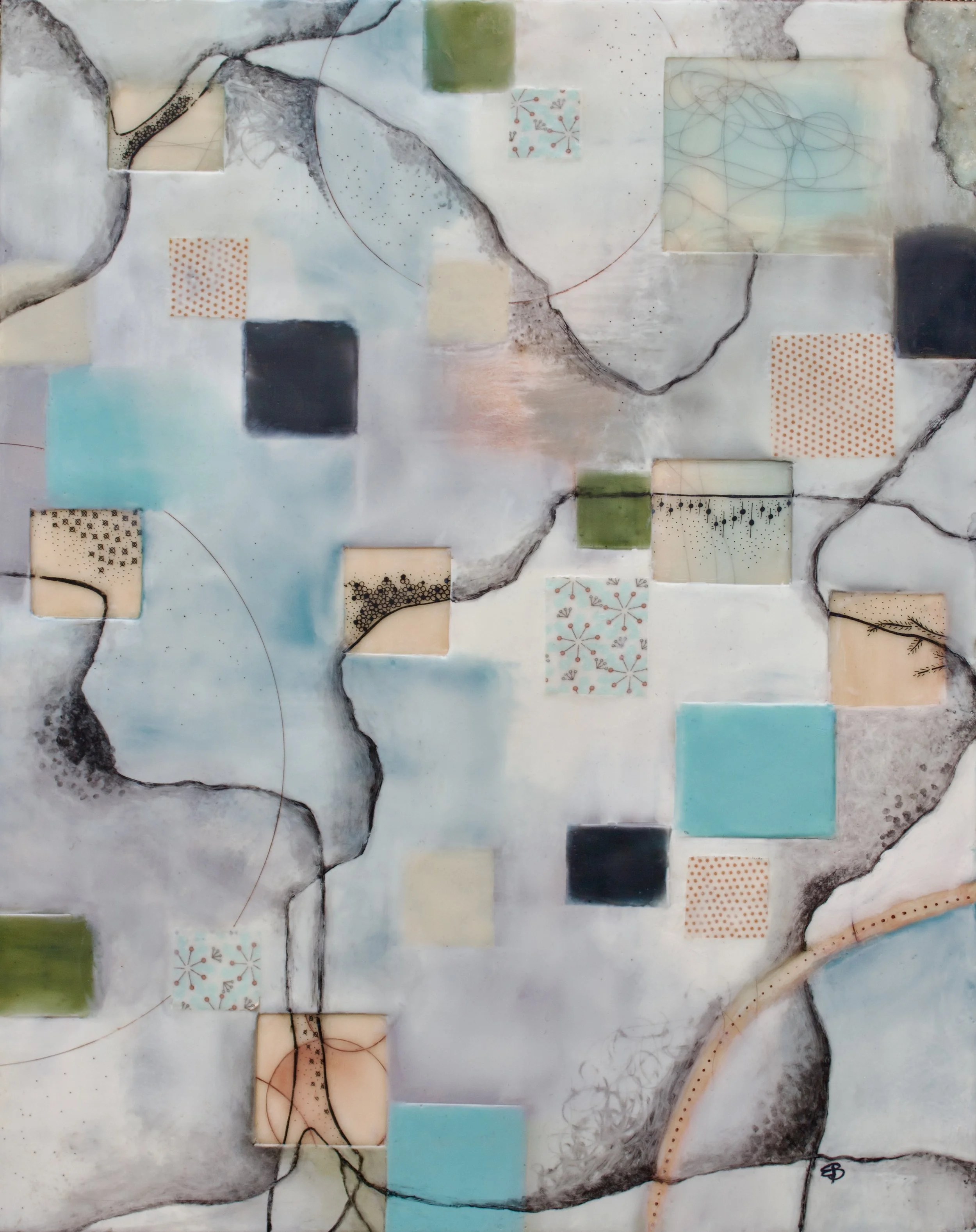 Ramble-encaustic, oil and fabric on cradled wood panel 
16" x 20"                       available       