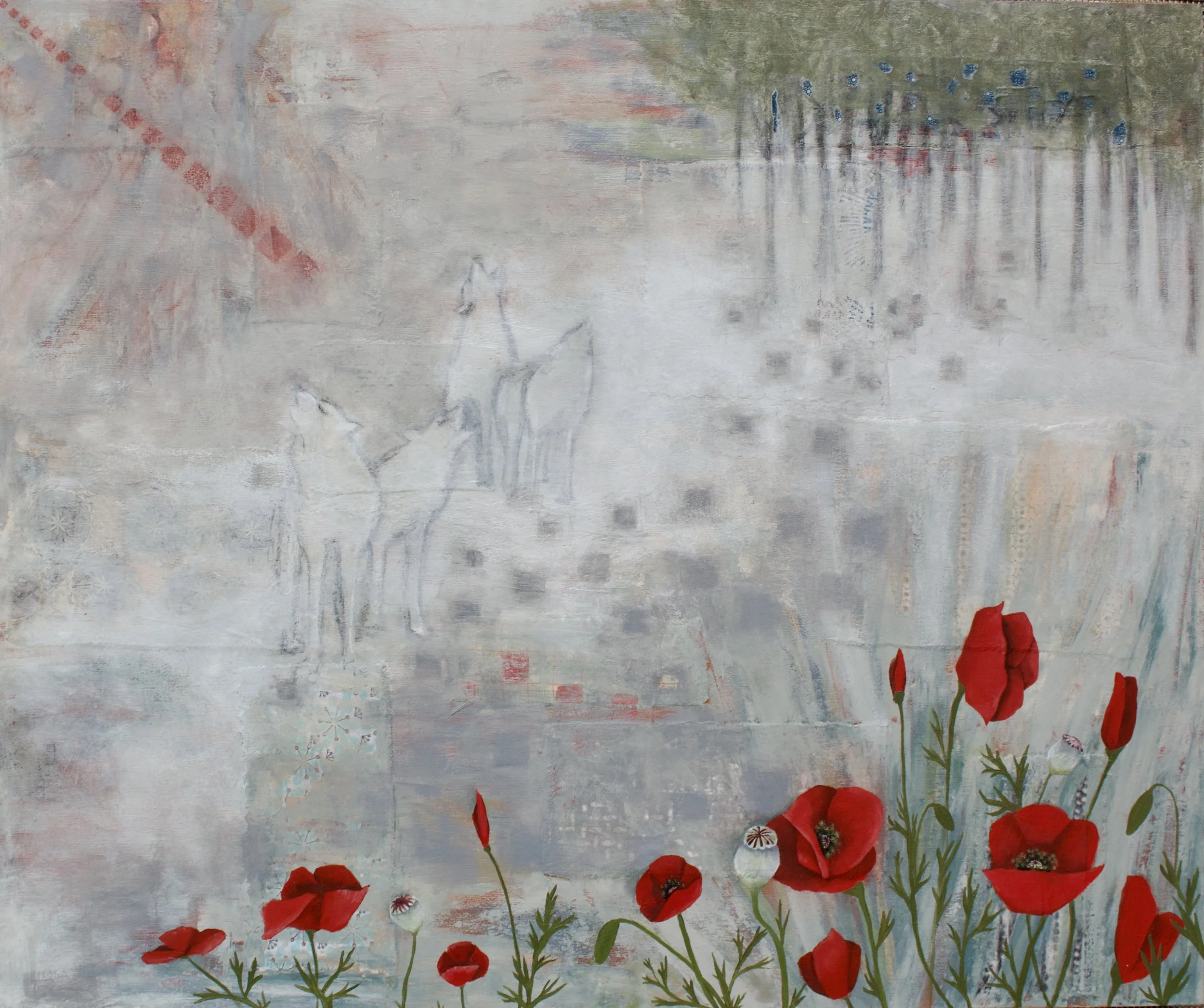 Emergence-oil, cold wax and fabric on cradled wood panel 
24" x 20"                       available       