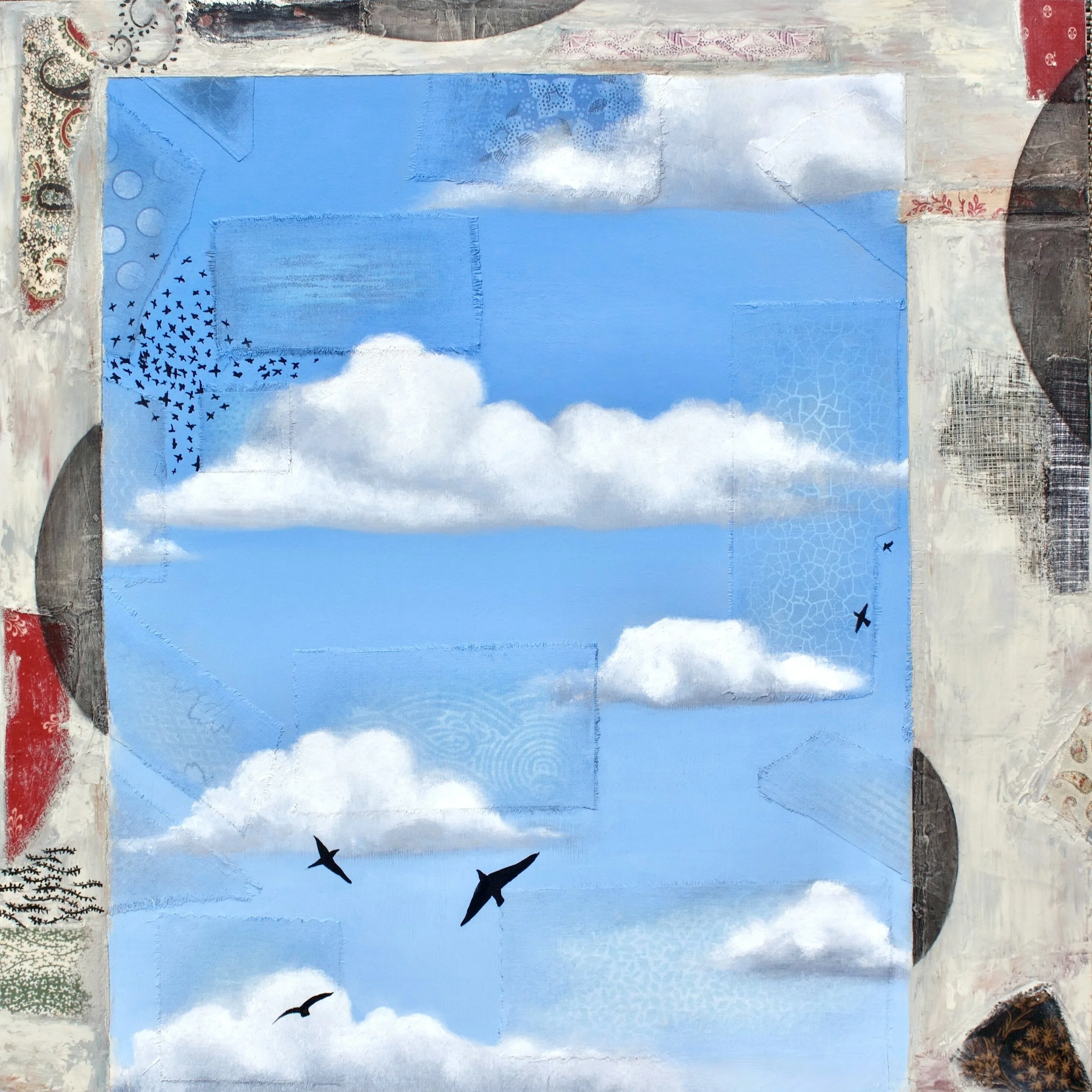 Beyond -oil, cold wax and fabric on cradled wood panel 
20" x 20"                       available      
