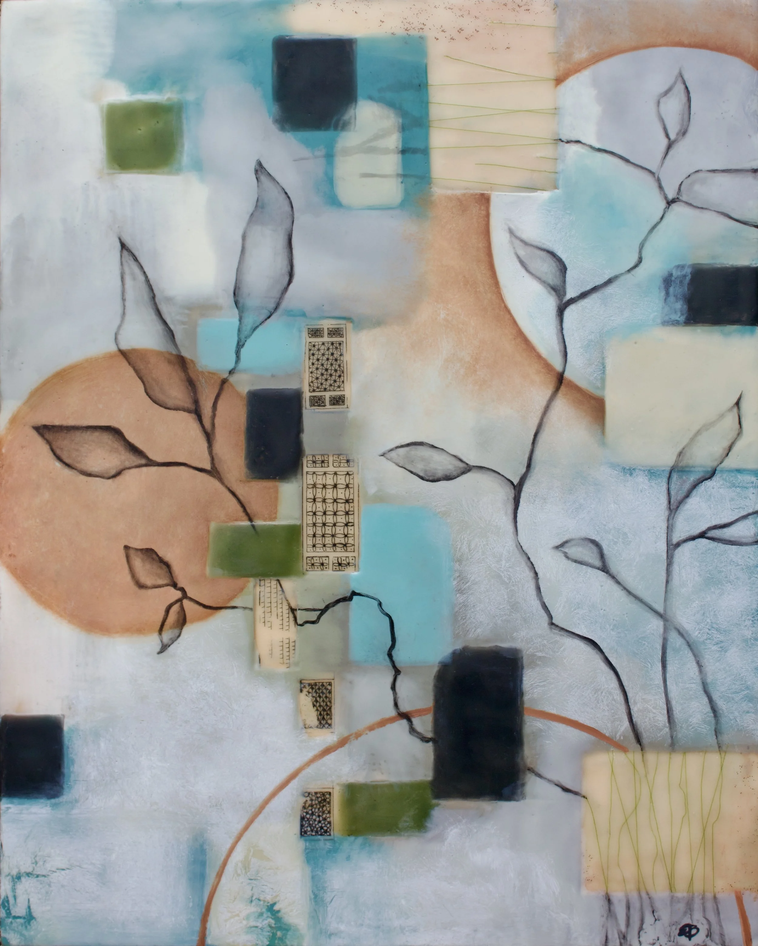 Rise -encaustic, oil and fabric on cradled wood panel 
16" x 20"                       available       