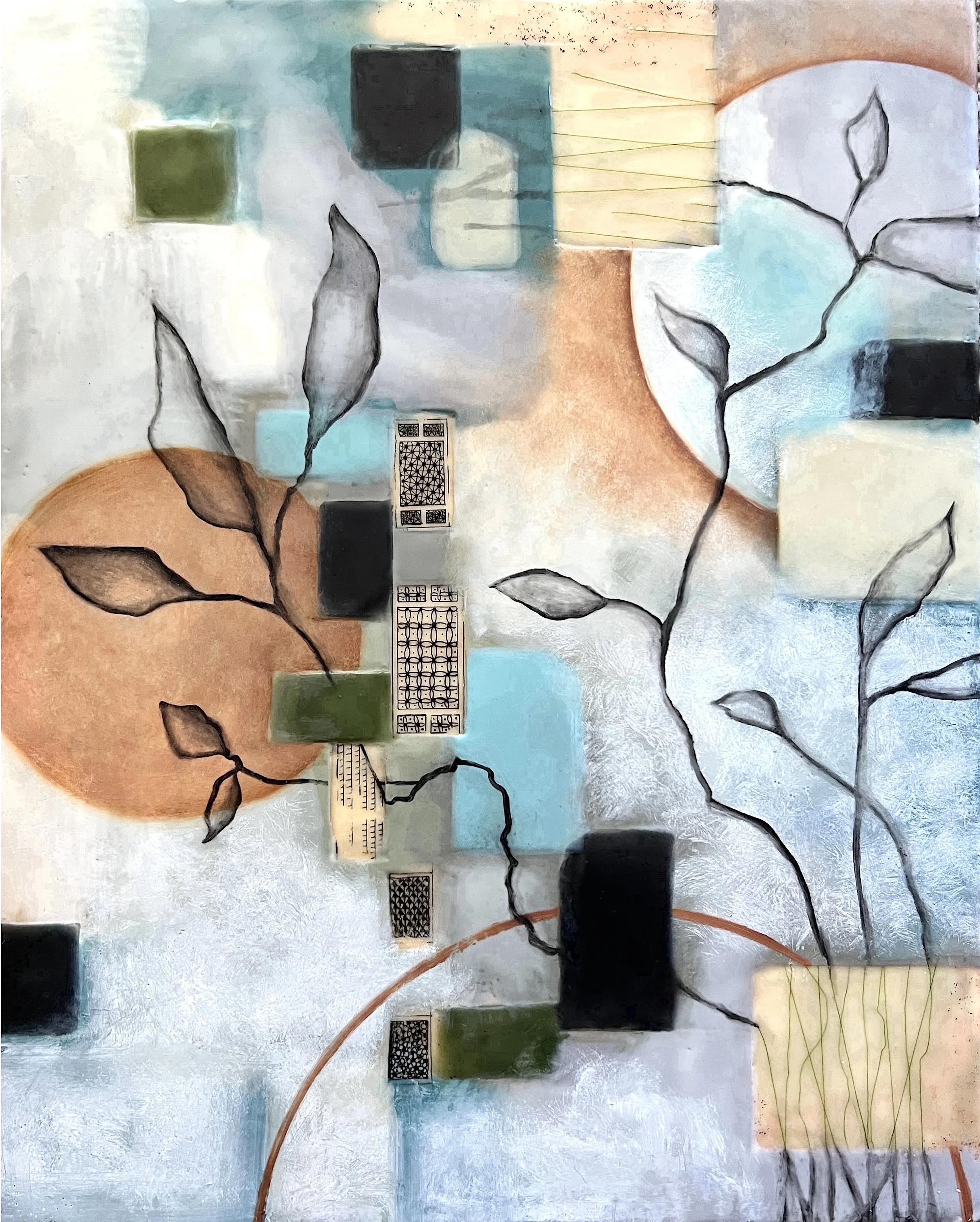 Rise -encaustic, oil and fabric on cradled wood panel 
16" x 20"                       available      