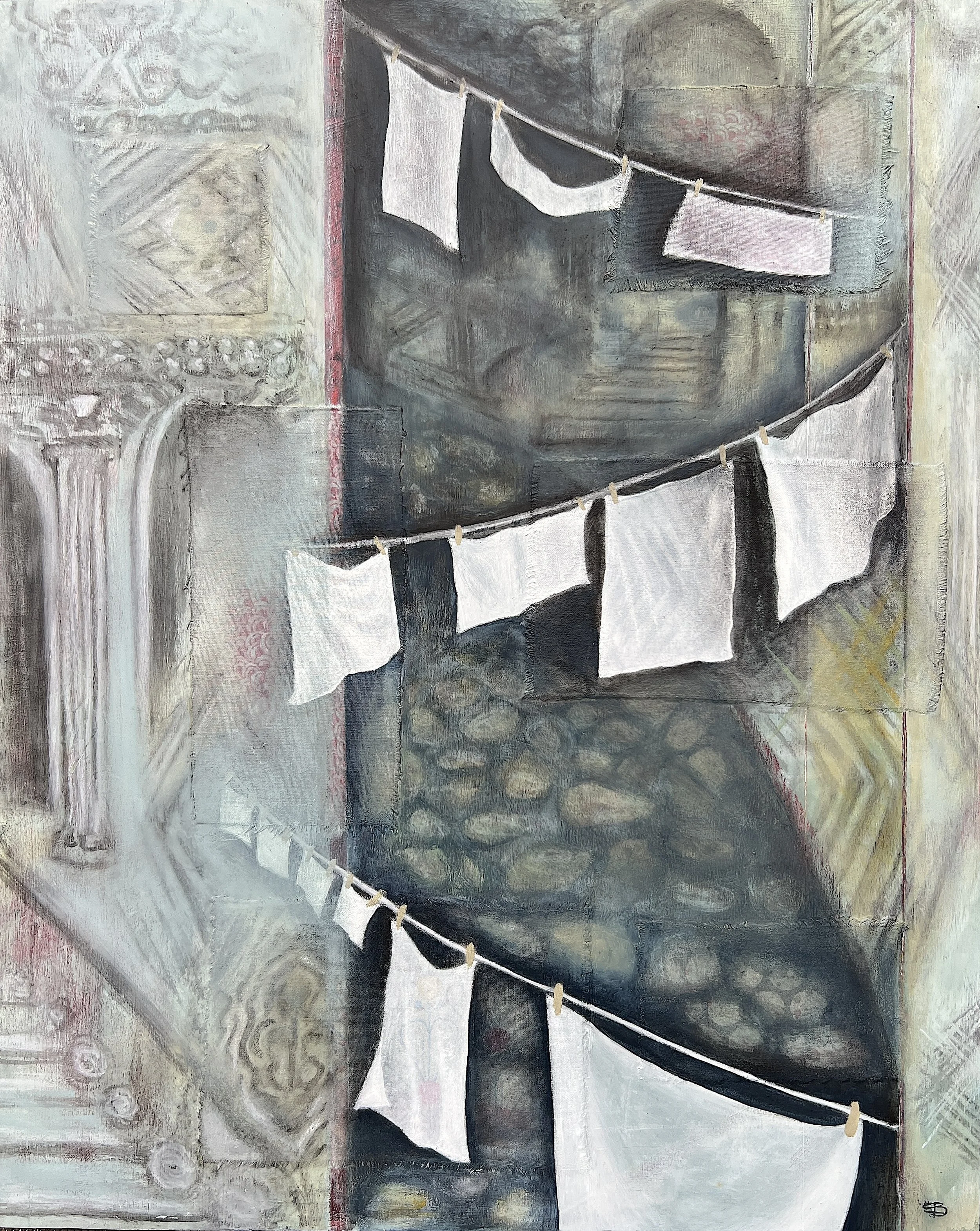 Timeless -oil, cold wax and fabric on cradled wood panel 
16" x 20"                       available     