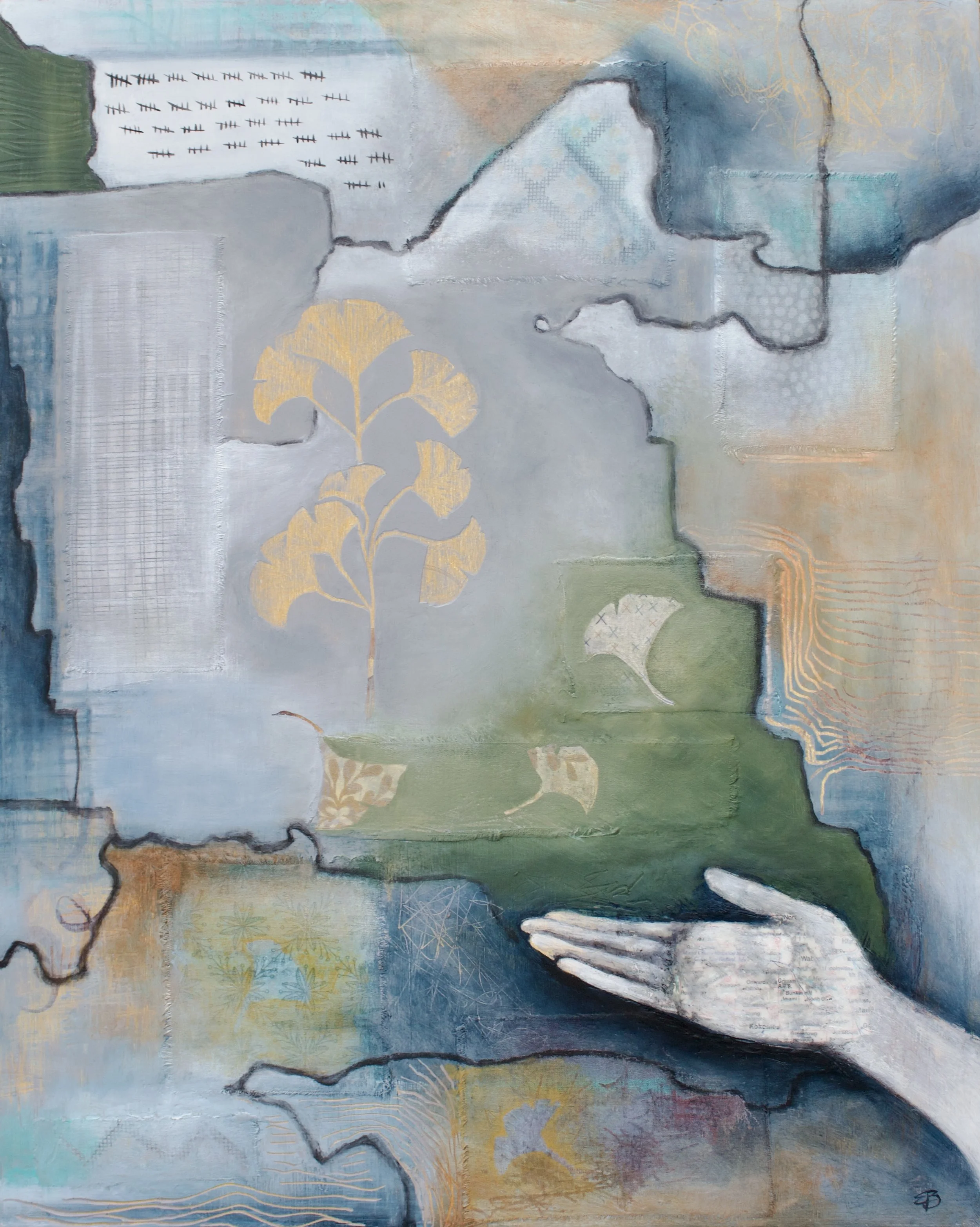 Trajectory -oil, cold wax and fabric on cradled wood panel 
16" x 20"                       available       