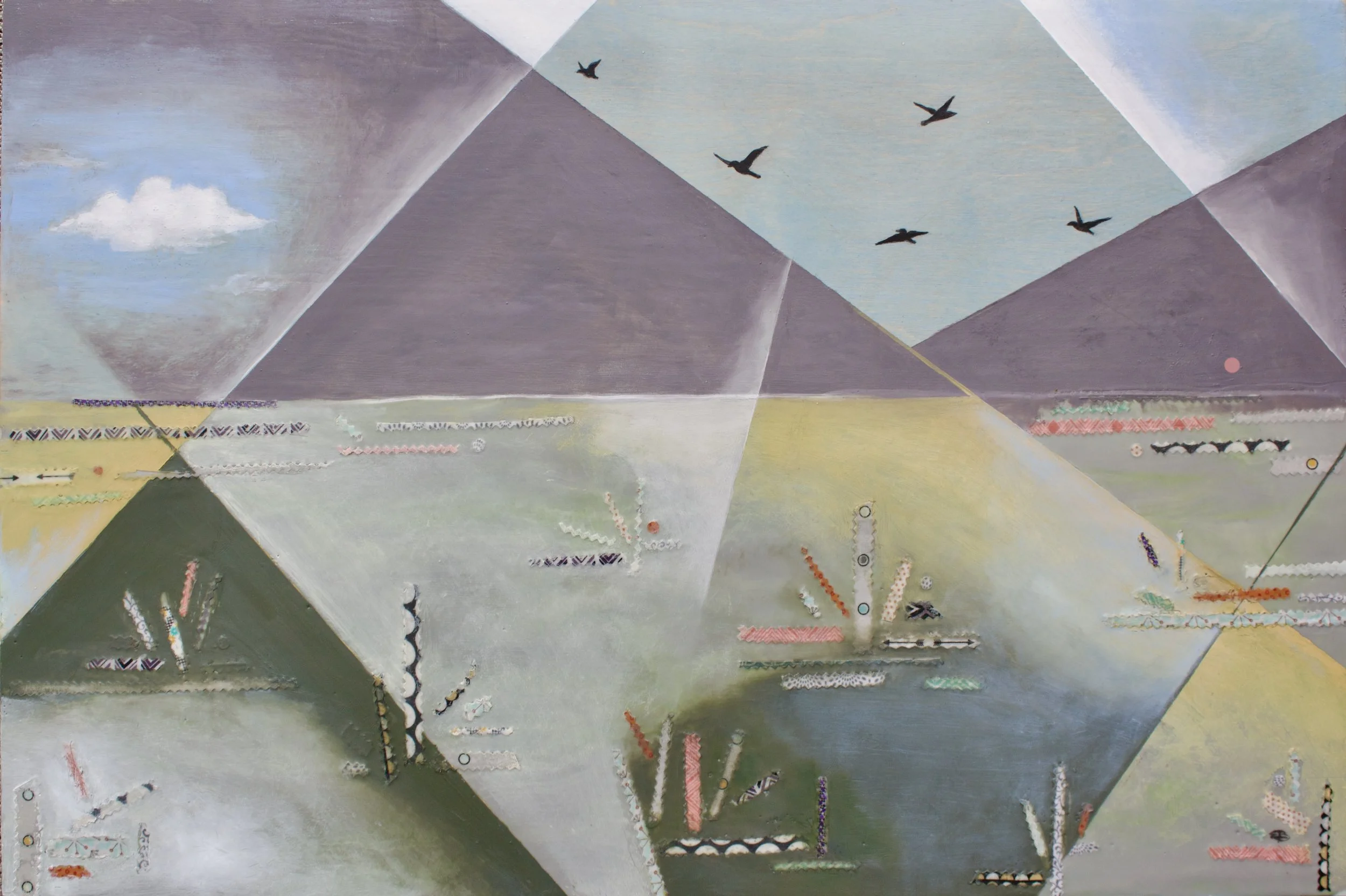Alpine Meadow -encaustic, oil and fabric on cradled wood panel 
30" x 20"                       available   