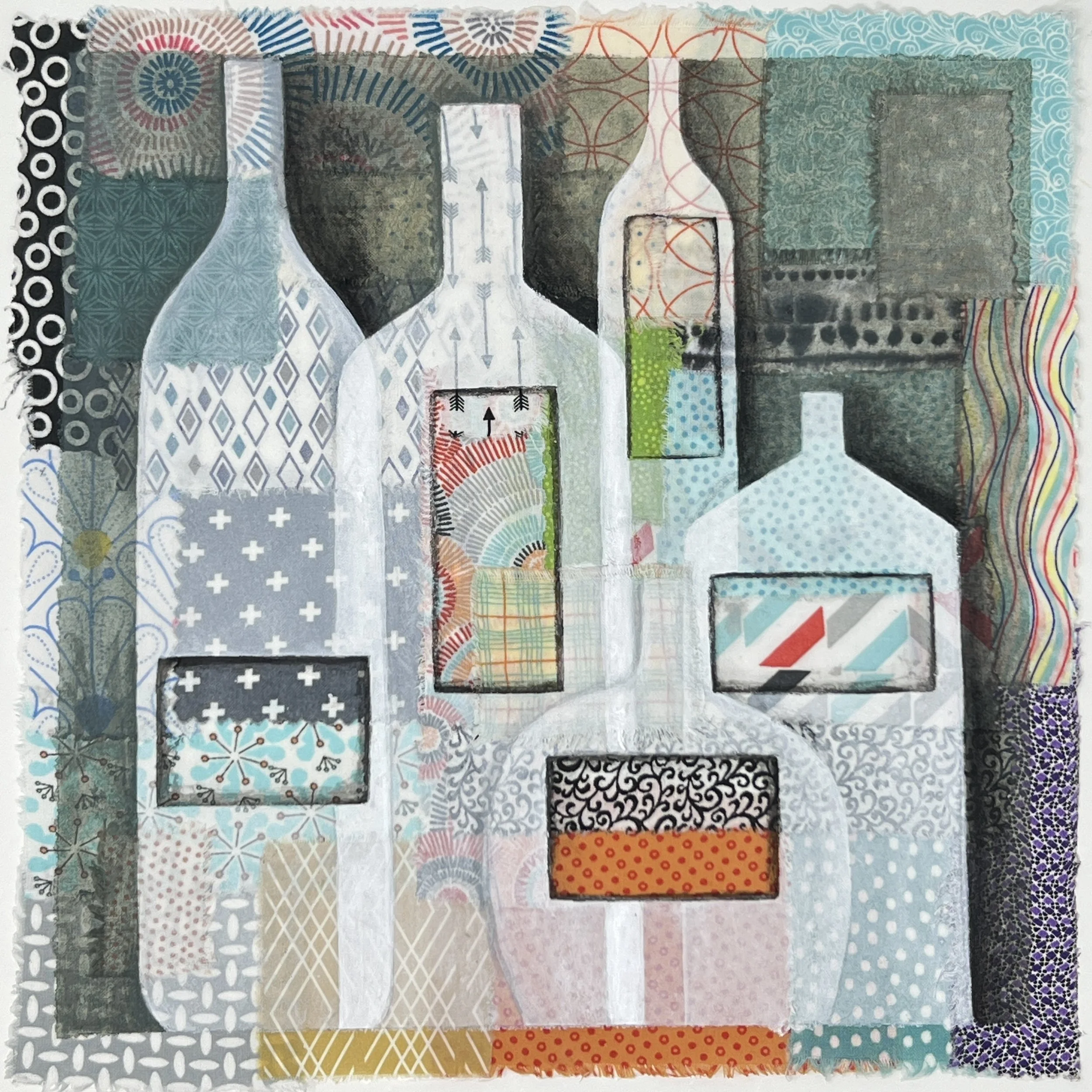Collection of Antique bottles- acrylic on fabric
available                                               $350 framed