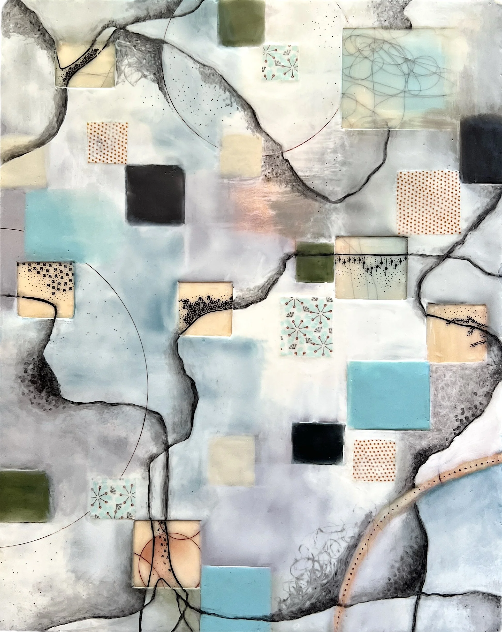 Ramble-encaustic, oil and fabric on cradled wood panel 
16" x 20"                       available       
