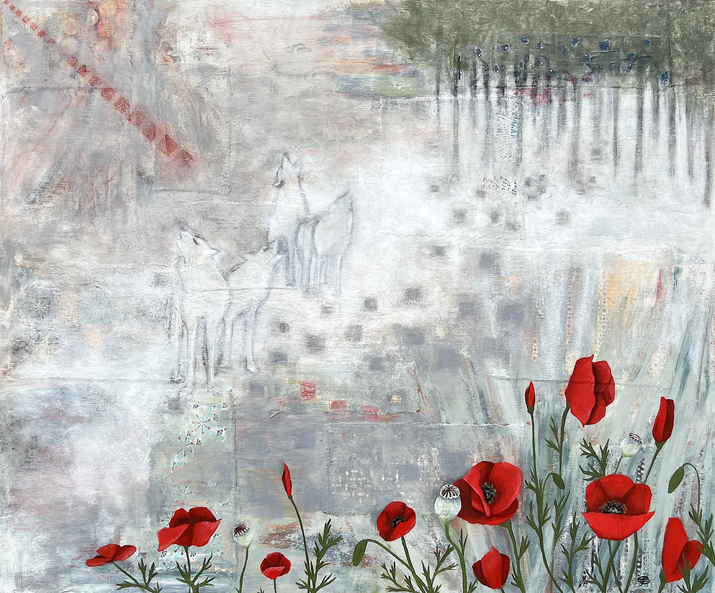 Emergence-oil, cold wax and fabric on cradled wood panel 
24" x 20"                       available       