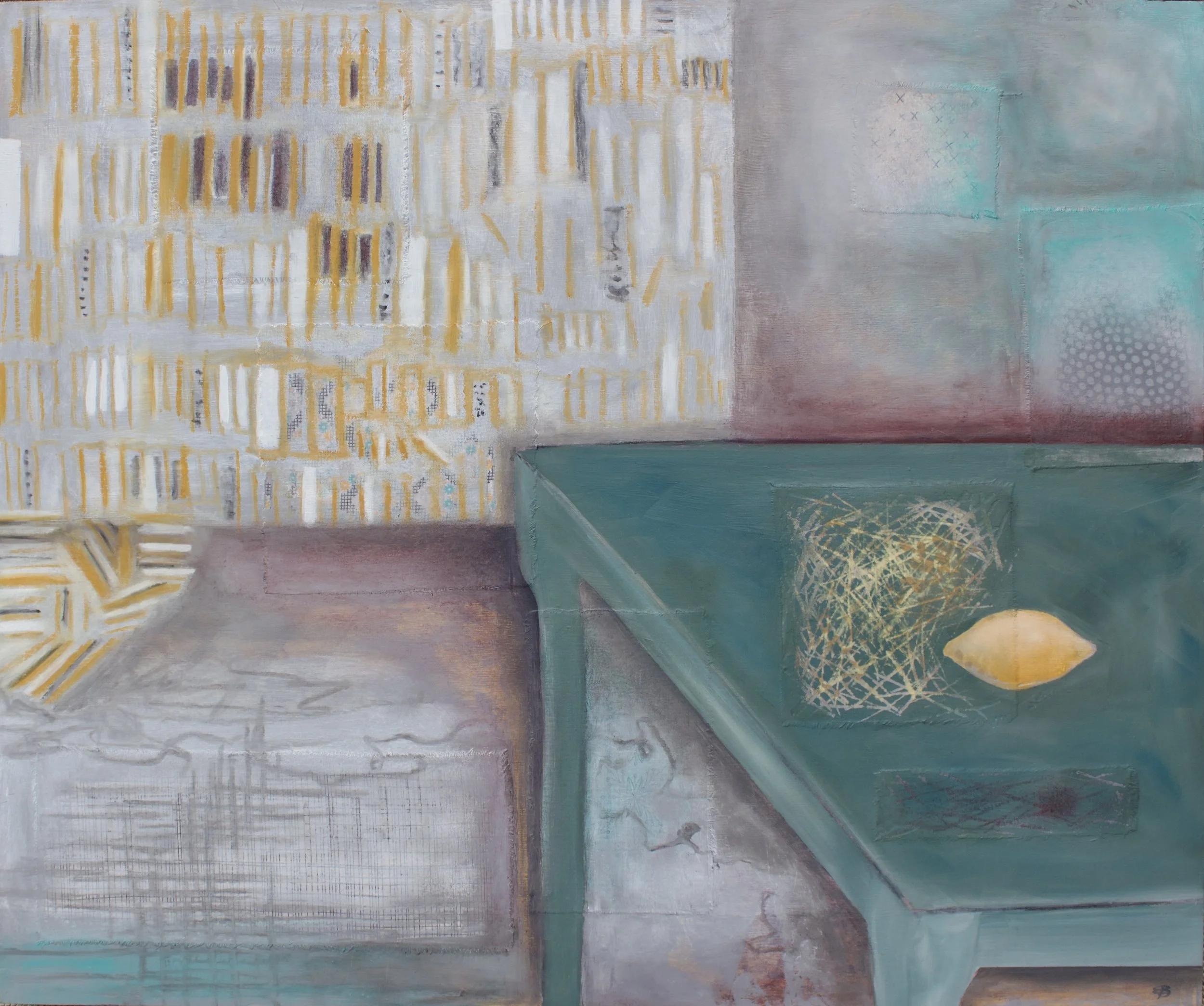 Lemon Library -oil, cold wax and fabric on cradled wood panel 
24" x 20"                       available       