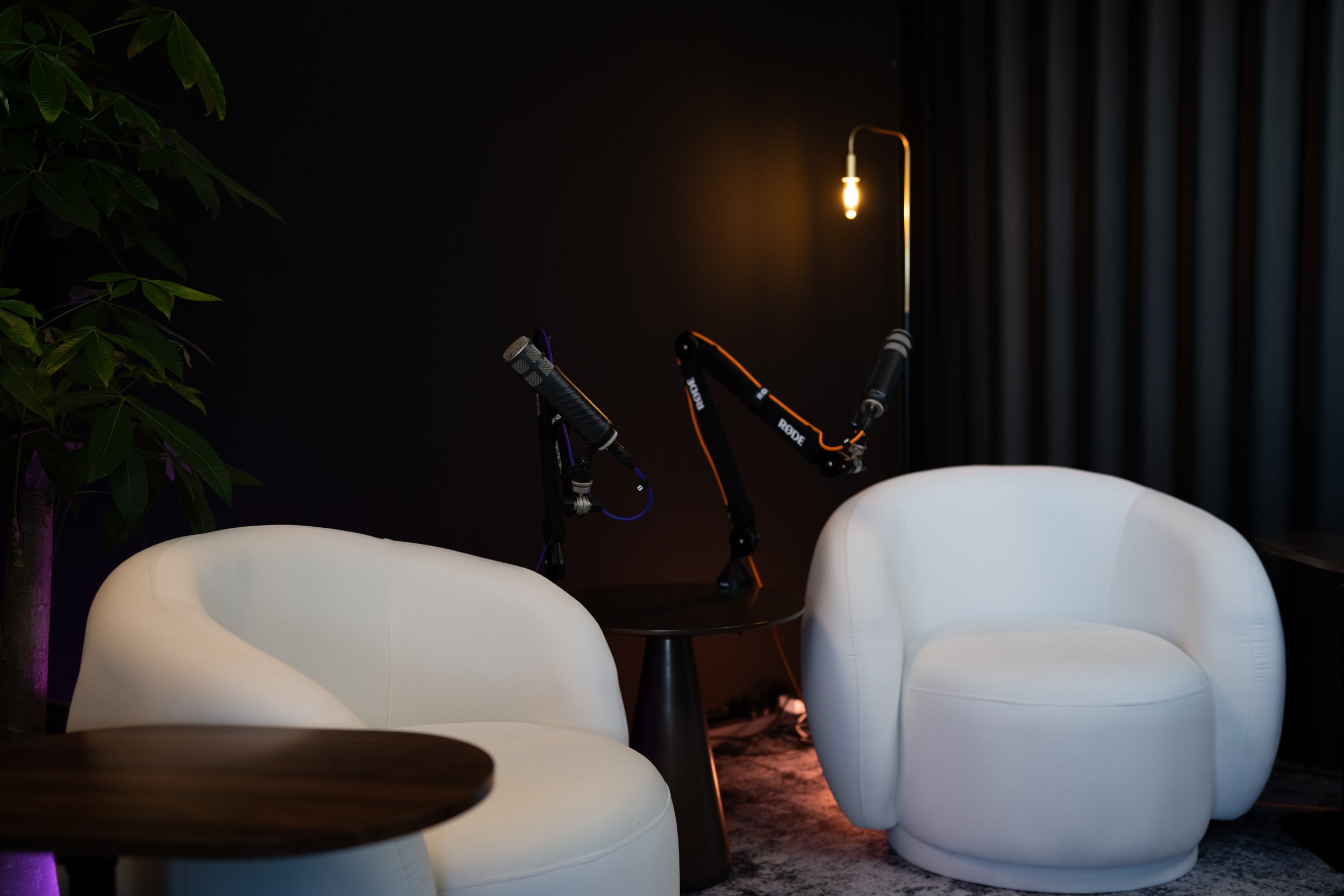 A cozy room with two white modern armchairs, a dark side table with two microphones, a tall lamp with an exposed bulb, and a leafy potted plant against a black wall with curtains.