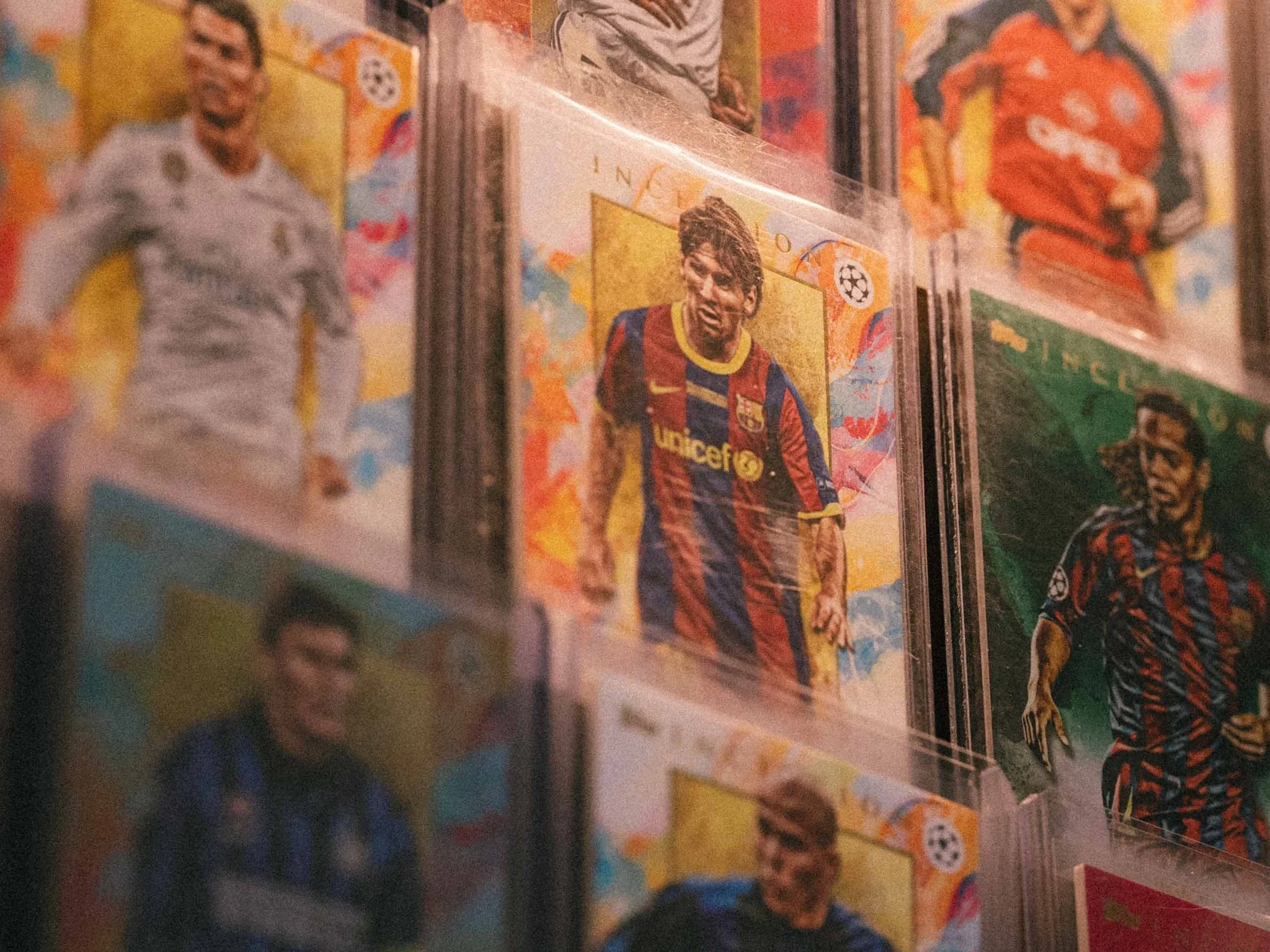 Collection of colorful soccer trading cards displayed in protective sleeves, showcasing players in dynamic poses and vibrant team uniforms.