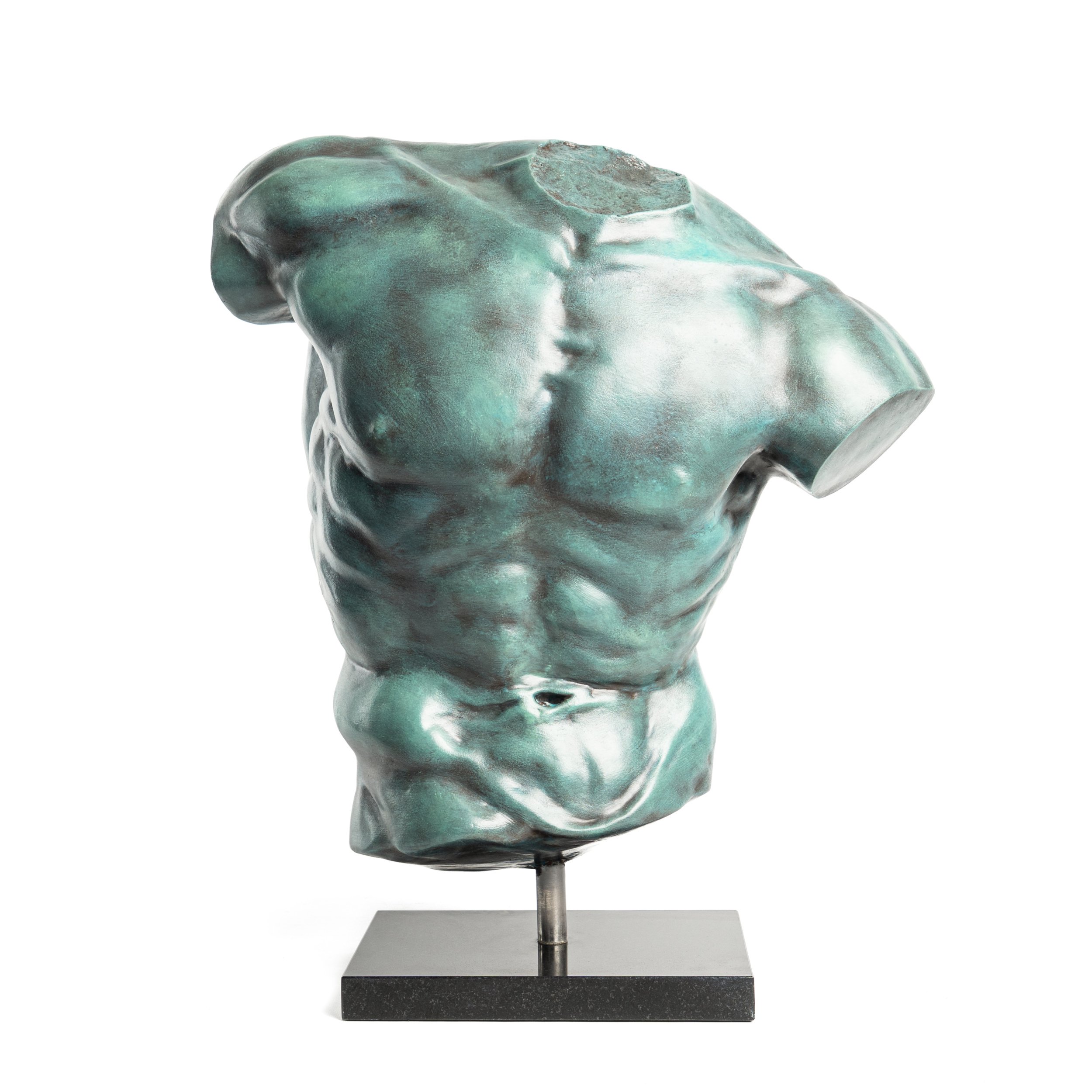 Bronze bust sculpture of a muscular male torso with no head, mounted on a black rectangular base.
