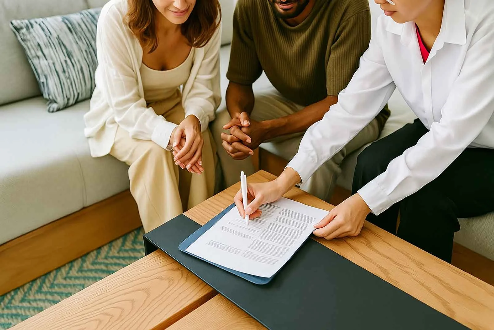 Property manager checking services list with foreign couple relocating to
Portugal