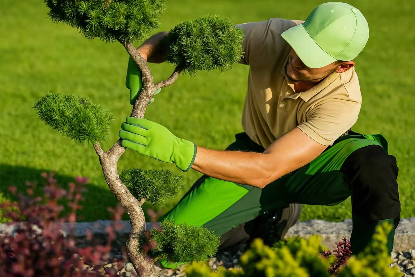 A man wearing a green cap, gray gloves, and a beige shirt prunes a small shaped tree in a garden.
