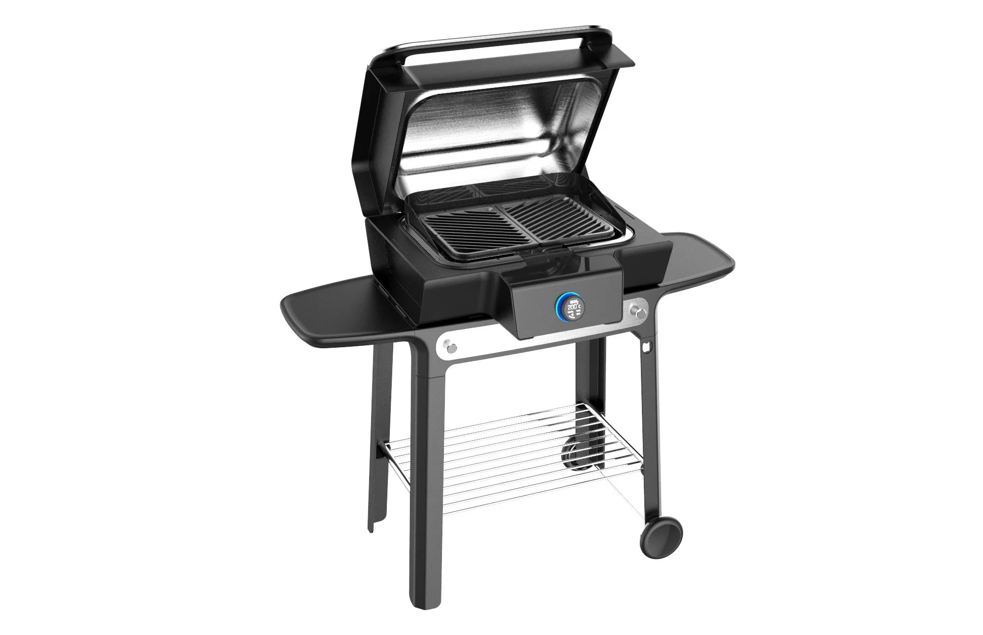A modern black and gray outdoor grill with propane, featuring side tables, a wire shelf at the bottom, and wheels for mobility, with an open lid revealing grilling racks.